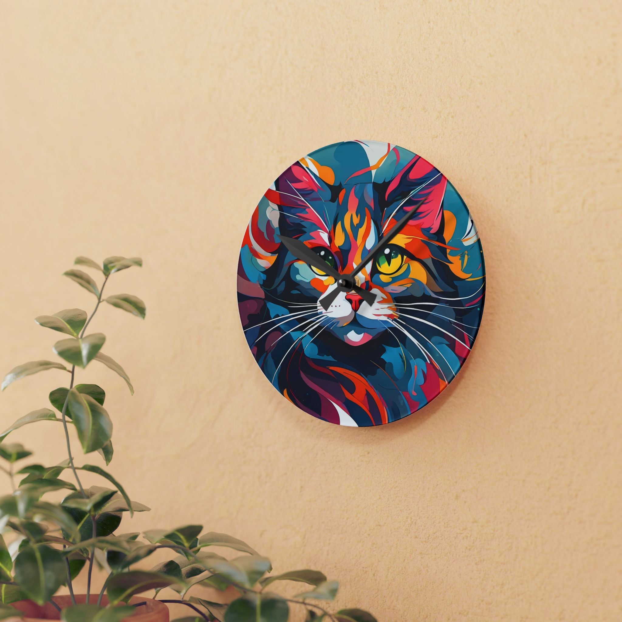 Vibrant Pop Art Cat Acrylic Wall Clock – Colorful Modern Cat Home Décor