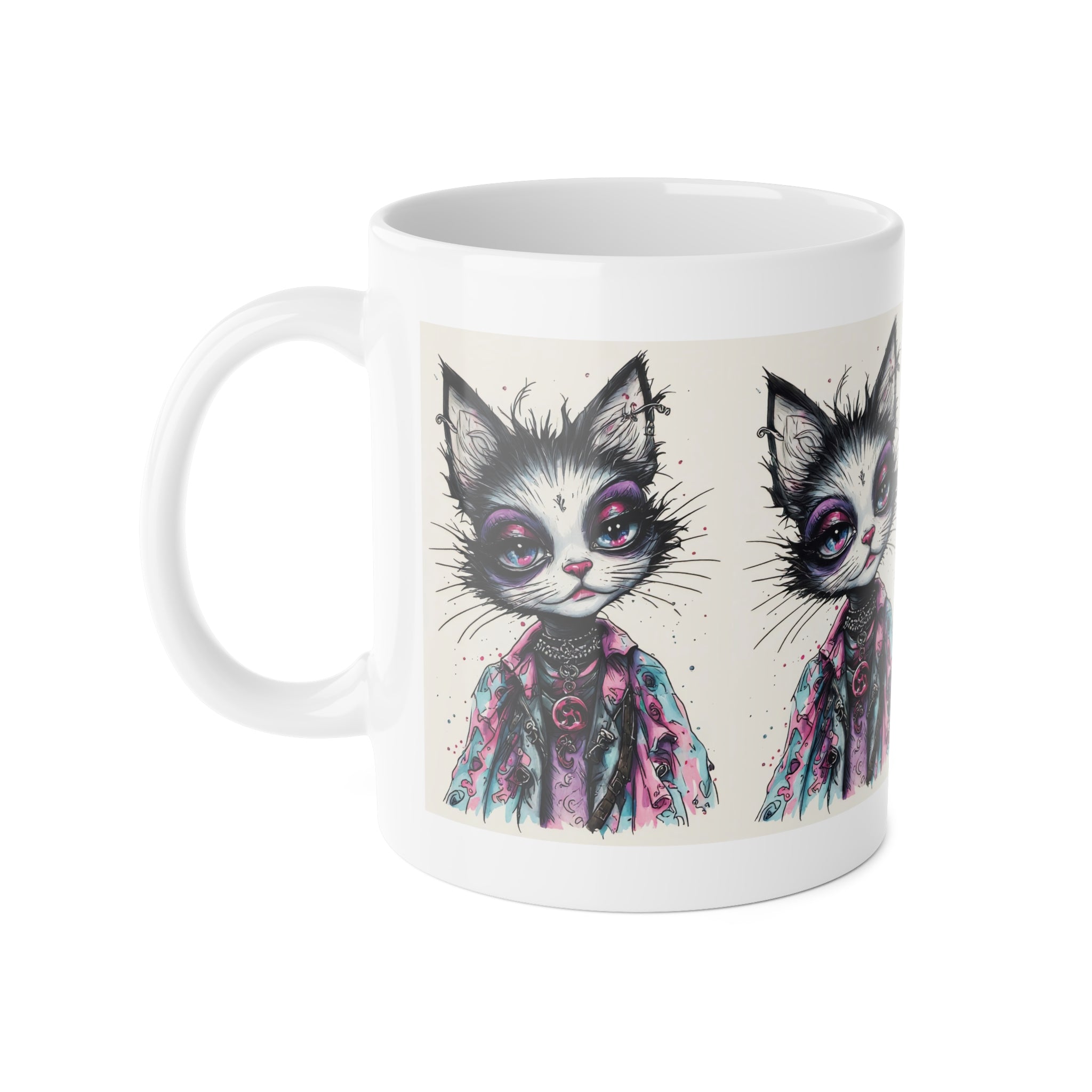 Cat Art Mug — Gothic Cute Kitty Illustration Ceramic Coffee Cup