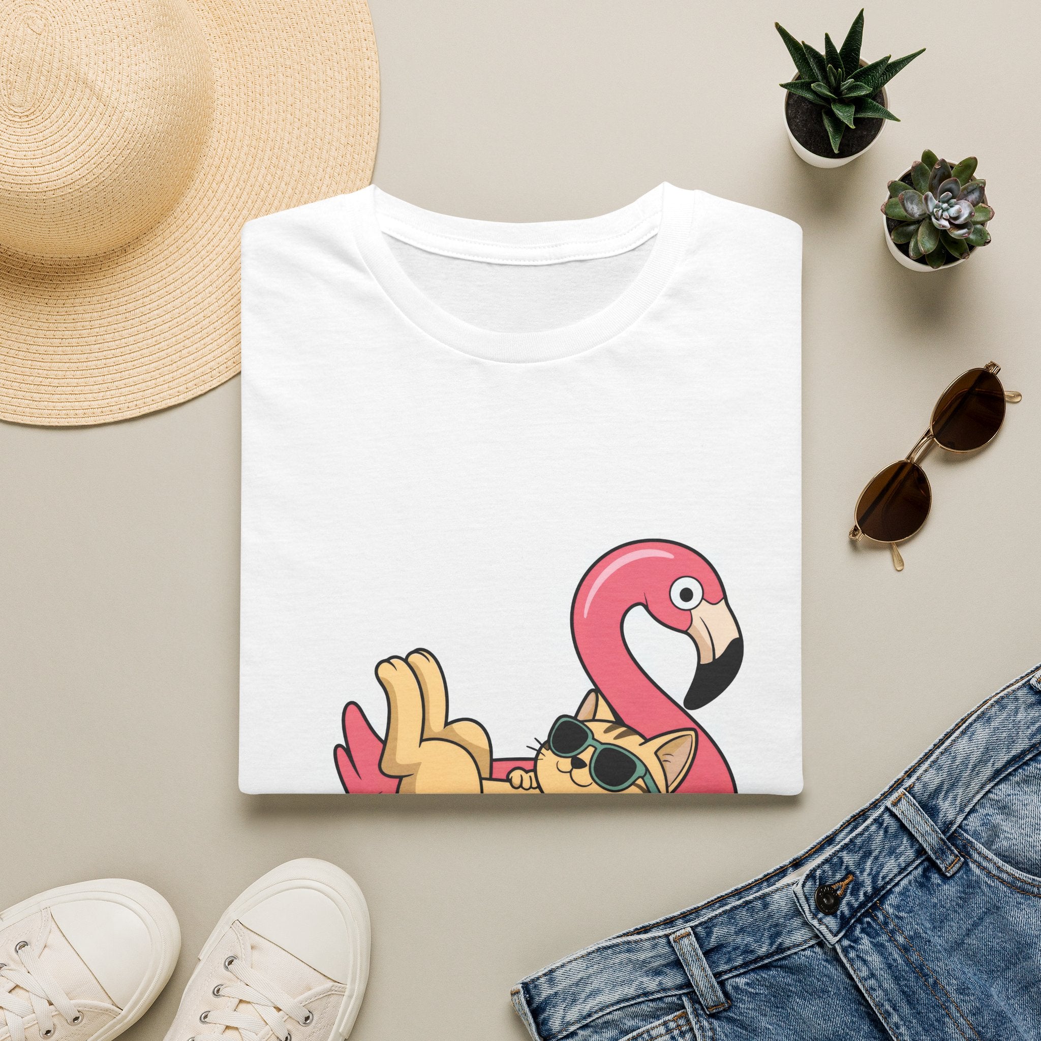 Cat on Flamingo Float T-Shirt — Cute Summer Pool Cat Graphic Tee