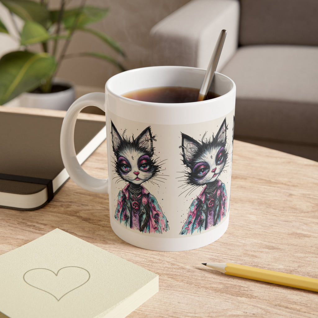 Cat Art Mug — Gothic Cute Kitty Illustration Ceramic Coffee Cup