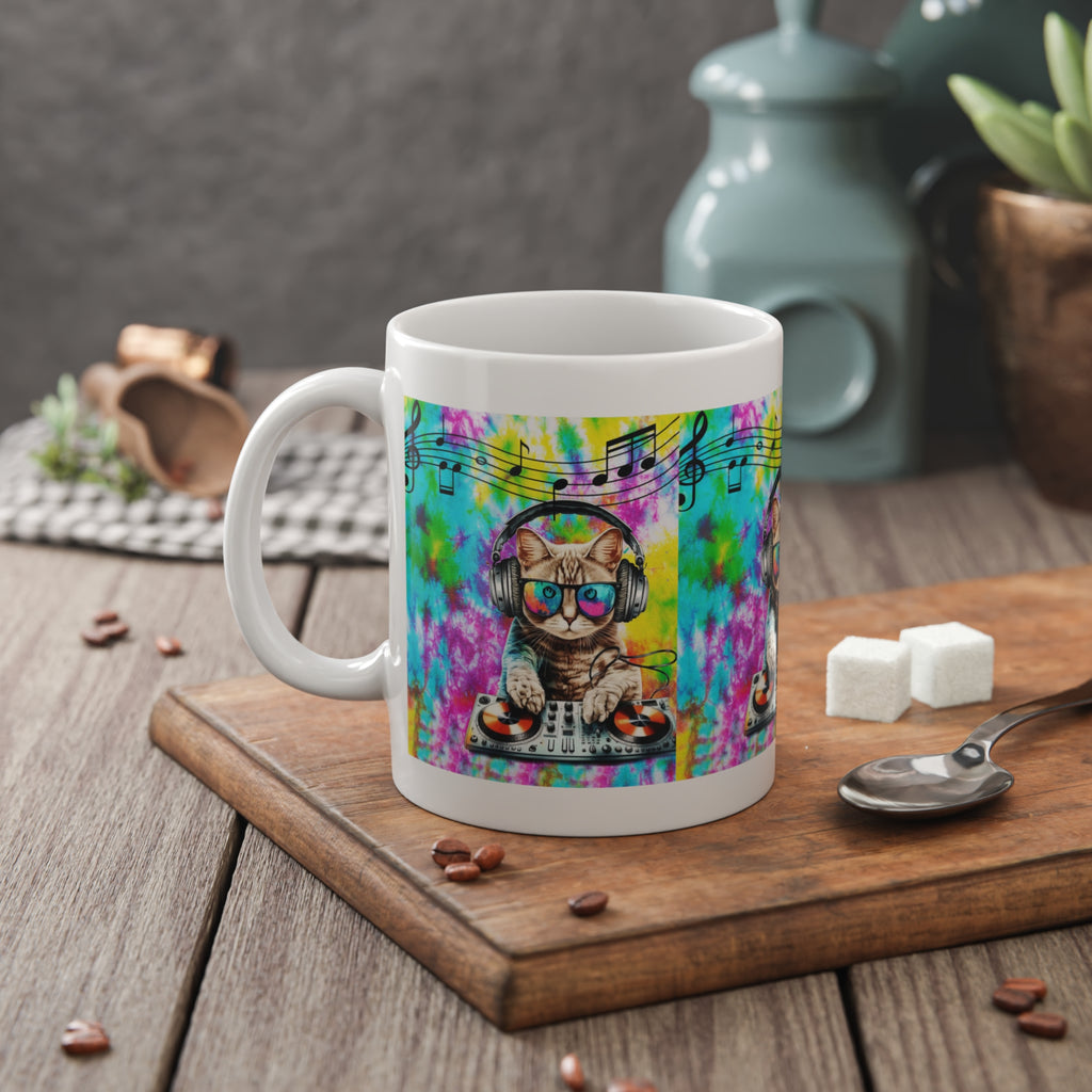 DJ Cat Tie-Dye Ceramic Mug — Cute Cat with Headphones & Music Notes, 11oz