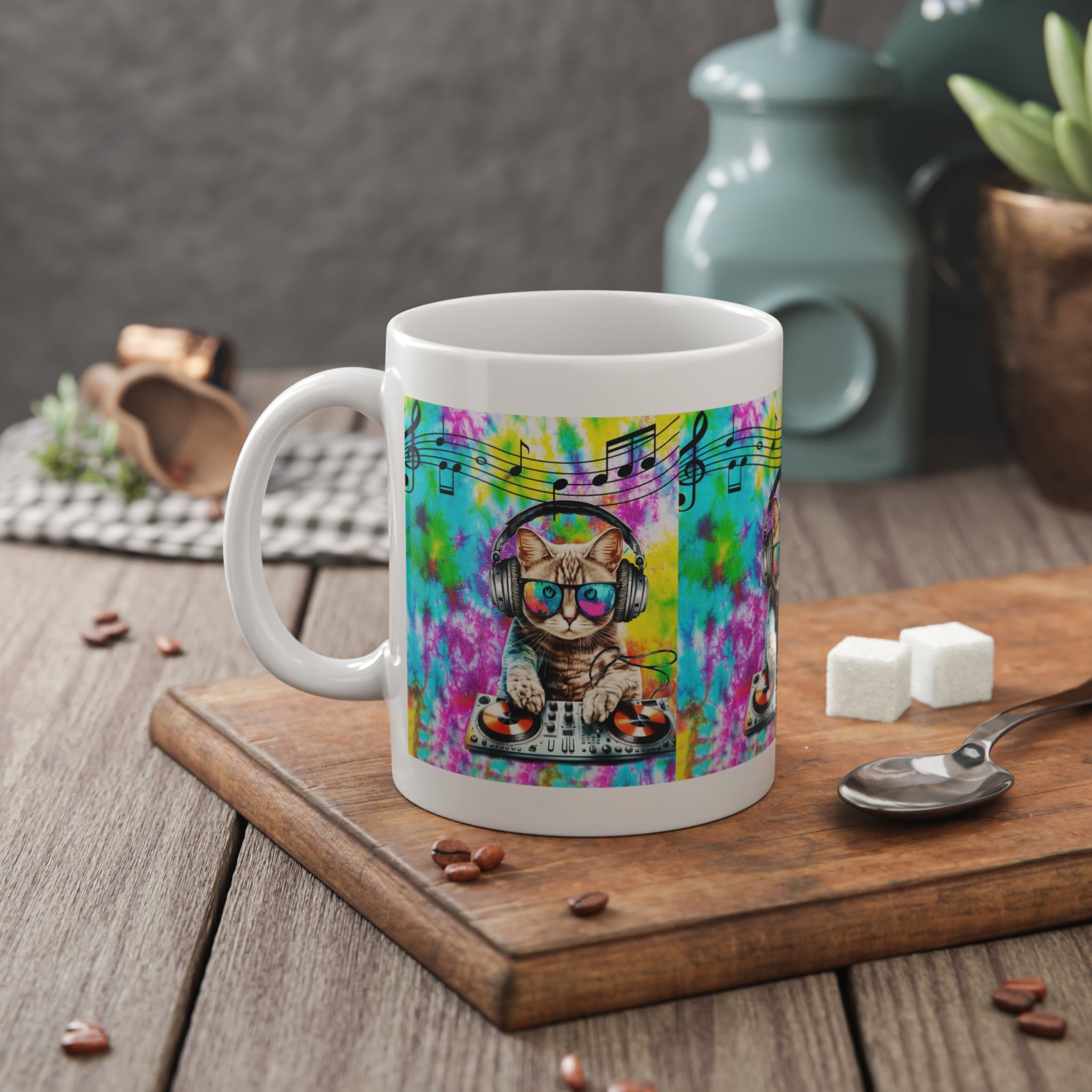 DJ Cat Tie-Dye Ceramic Mug — Cute Cat with Headphones & Music Notes, 11oz