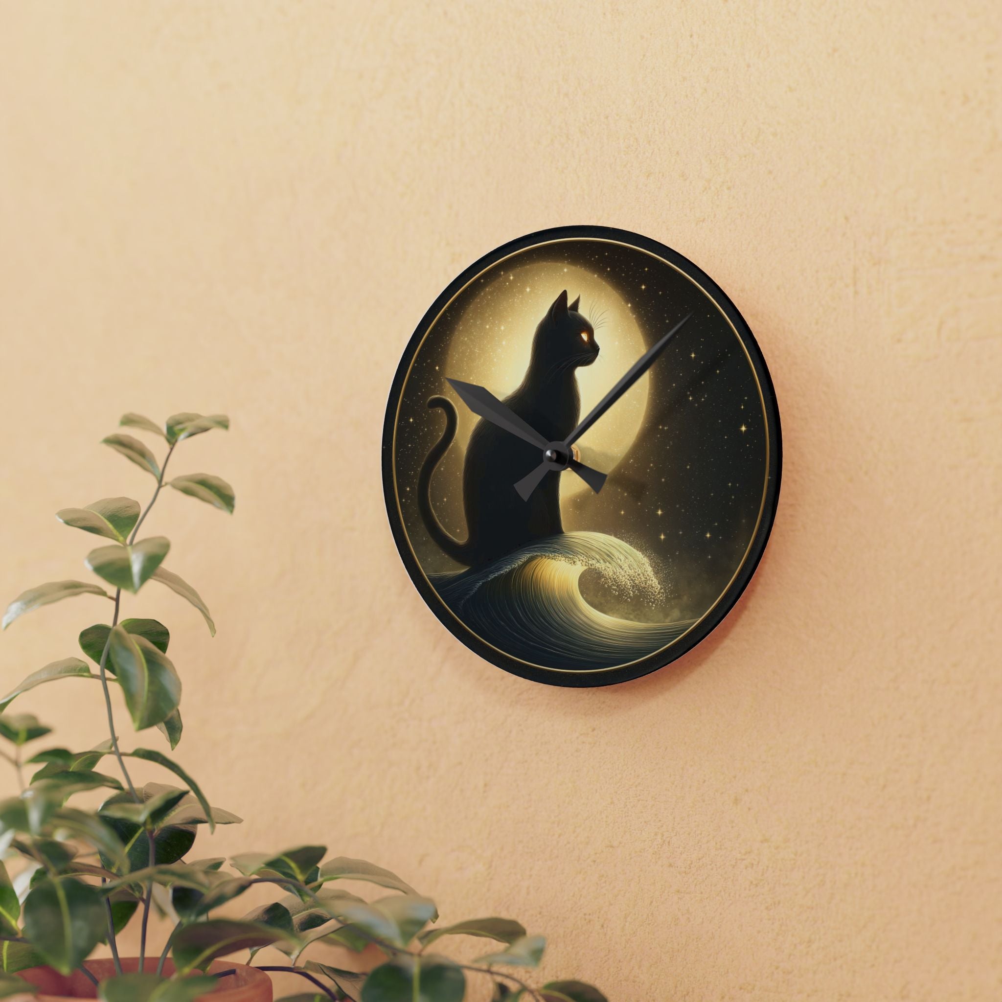 Moonlit Mystic Cat Acrylic Wall Clock – Celestial Black Cat Home Décor