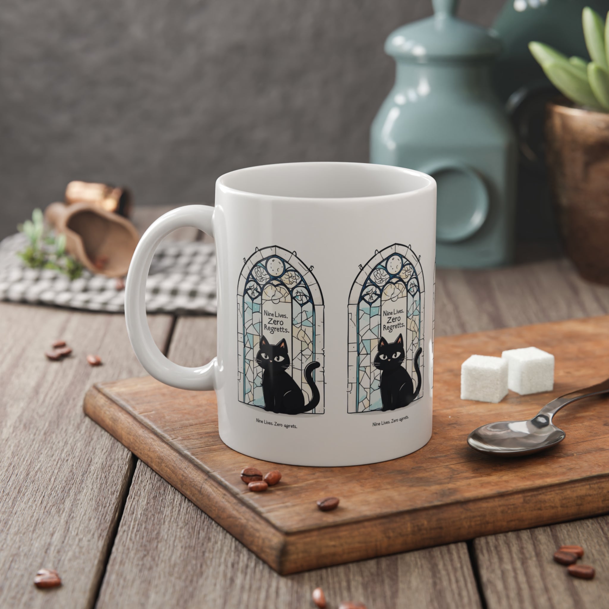 Cat Mug — Black Cat Stained Glass Design with "Nine Lives, Zero Regrets" — Ceramic Coffee Cup