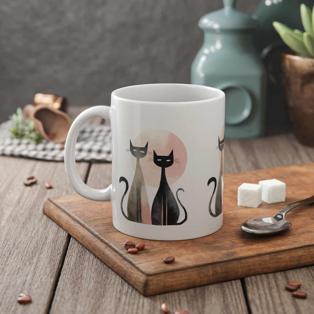 Cat Couple Ceramic Mug — Cute Black Cats with Sun Silhouette, 11oz