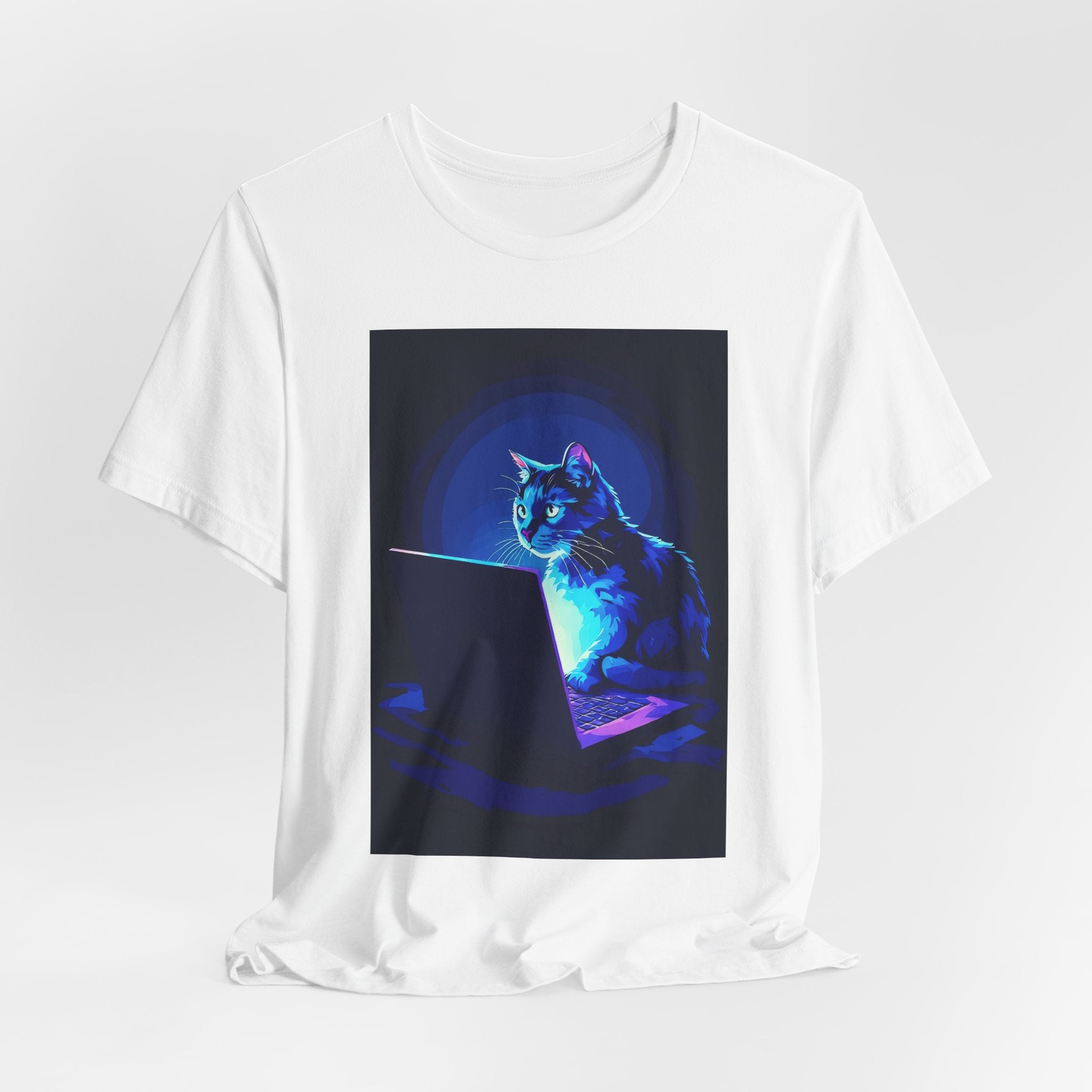 Cat at Laptop T-Shirt — Neon Cyber Cat Graphic Tee