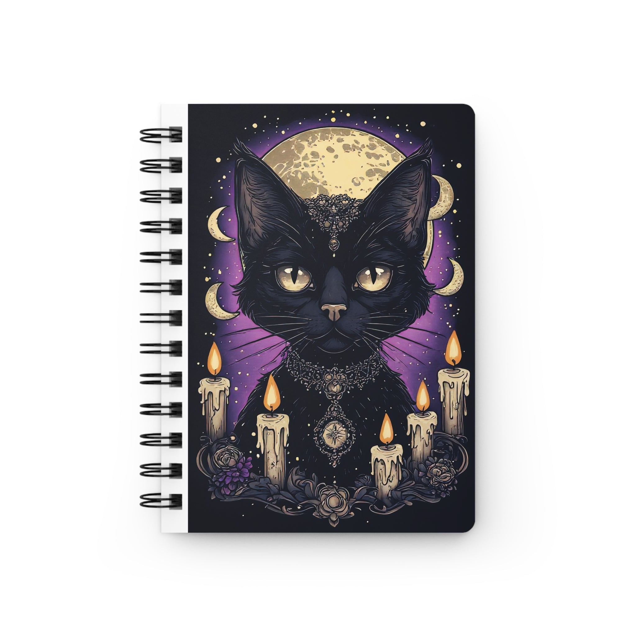 Witchy Black Cat Spiral Notebook — Moon, Candles & Occult Art Journal
