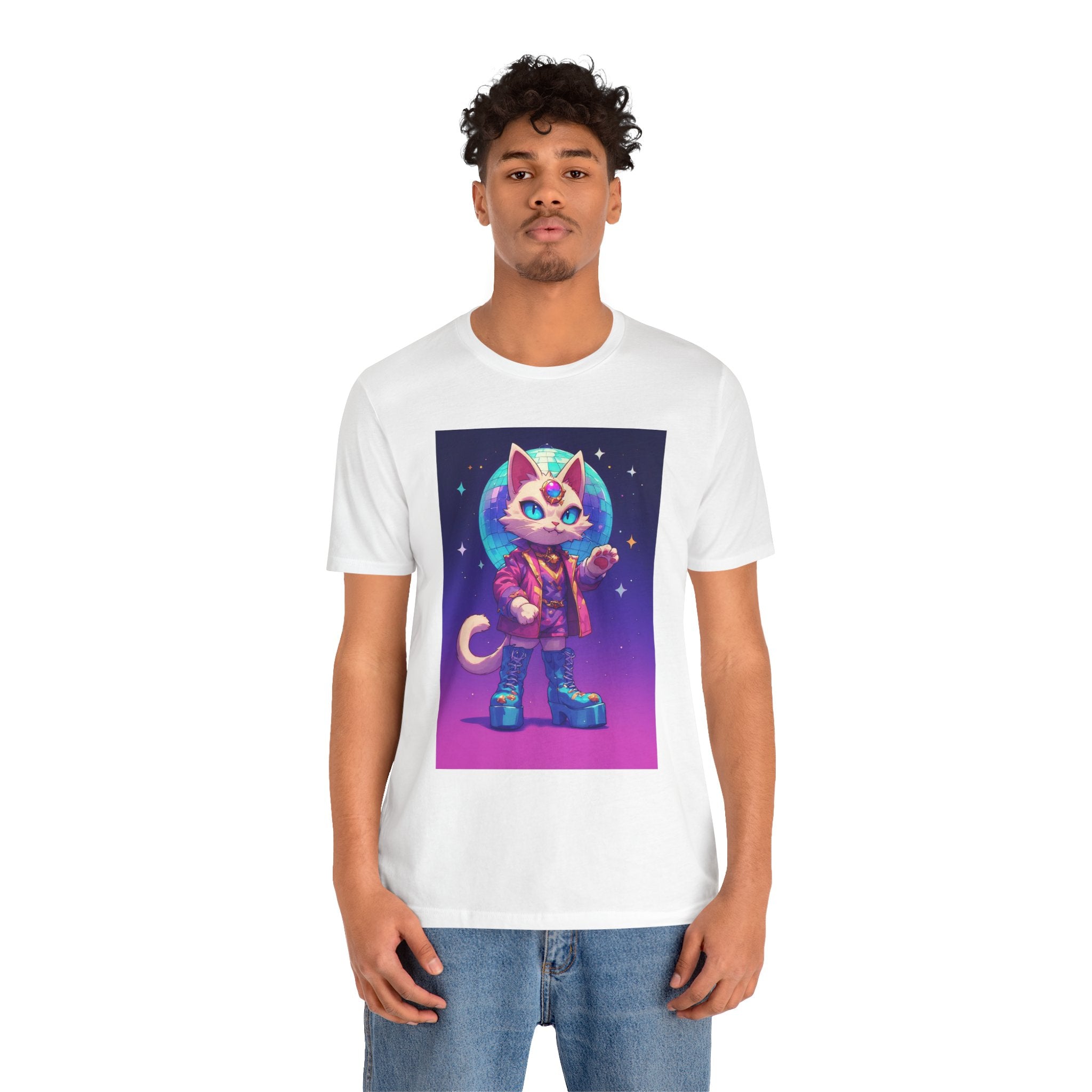 Retro Space Cat T-Shirt — Neon Astronaut Kitty Graphic Tee