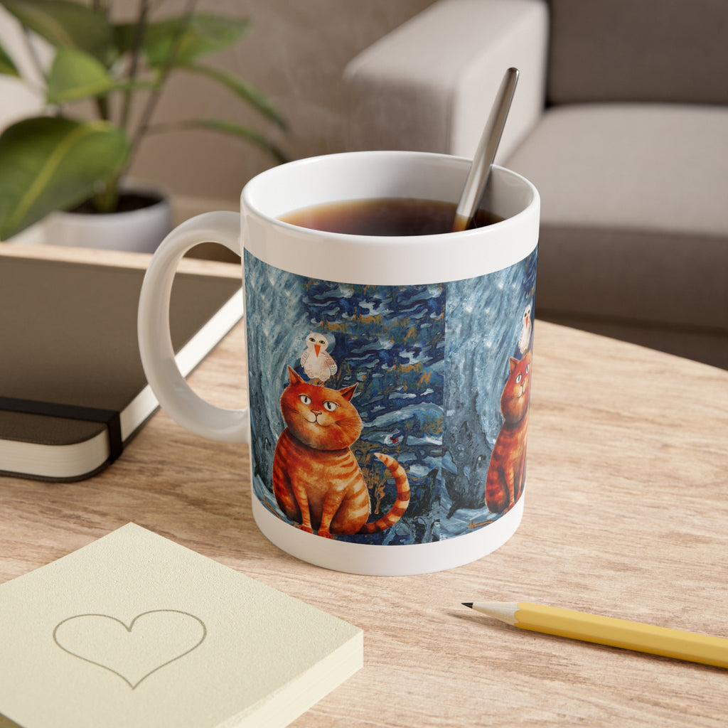 Cat & Bird Winter Mug — Whimsical Illustrated Cat with Snowy Forest Scene, 11oz Ceramic