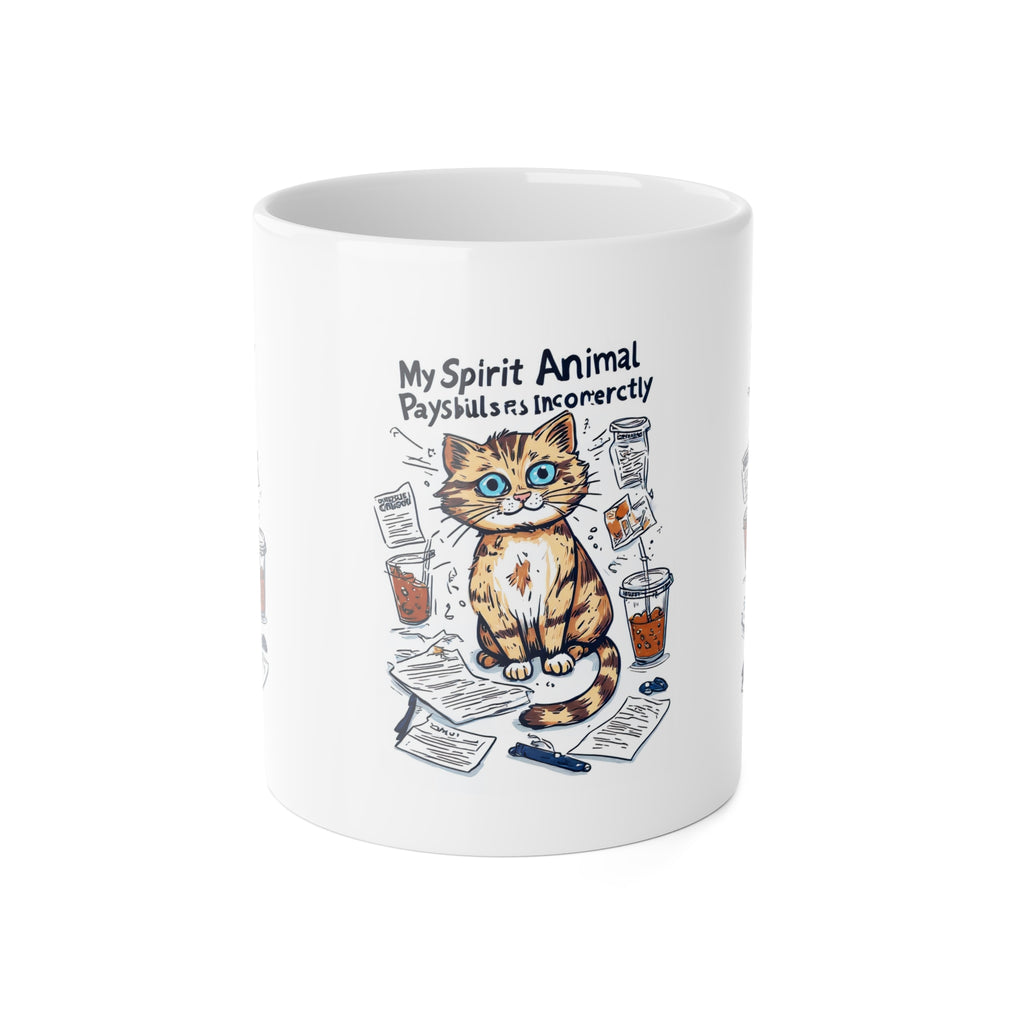 Cat Spirit Animal Mug — "My Spirit Animal Pays Bills Incorrectly" 11oz Ceramic Coffee Cup