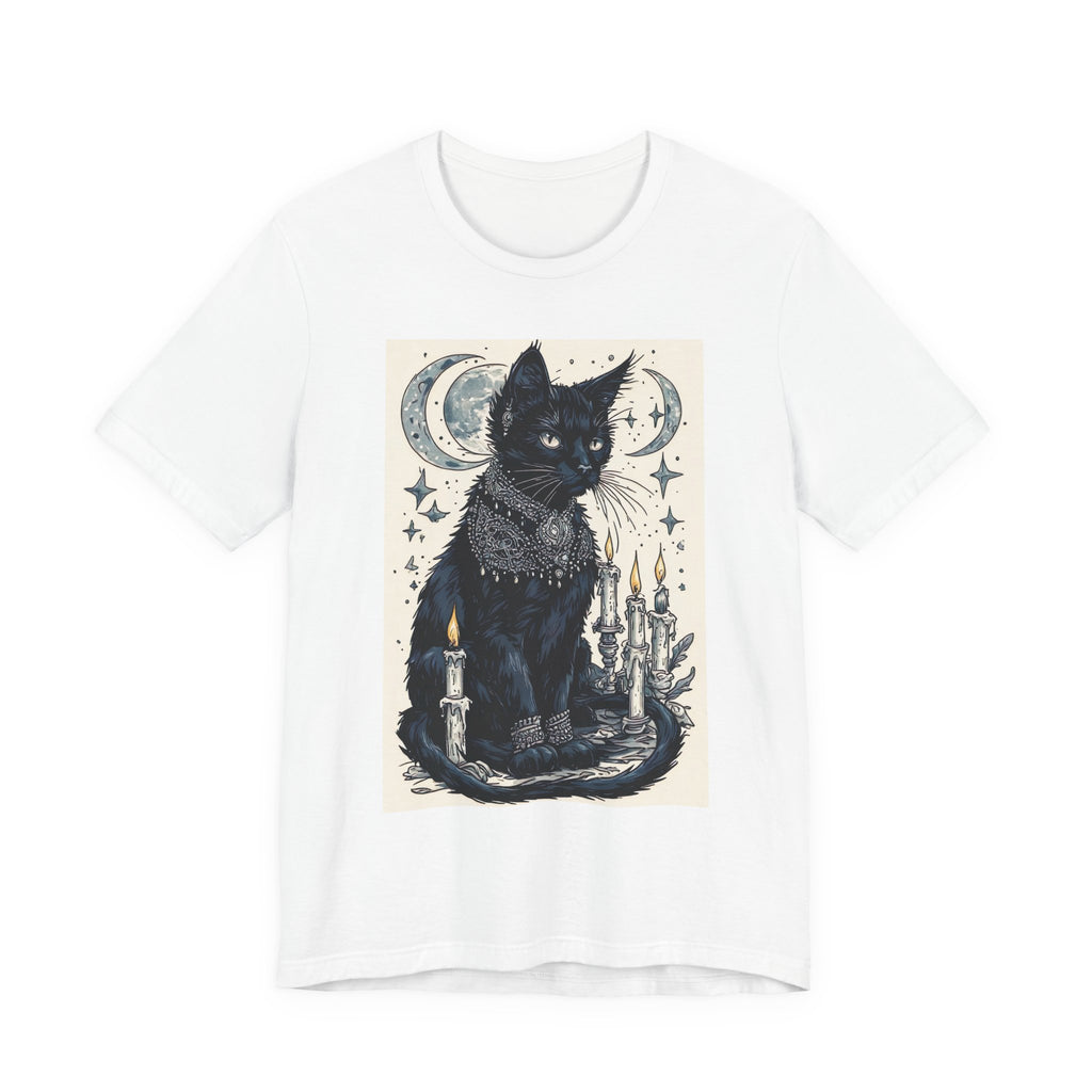 Mystic Black Cat T-Shirt — Moon, Candles & Starry Witchy Design