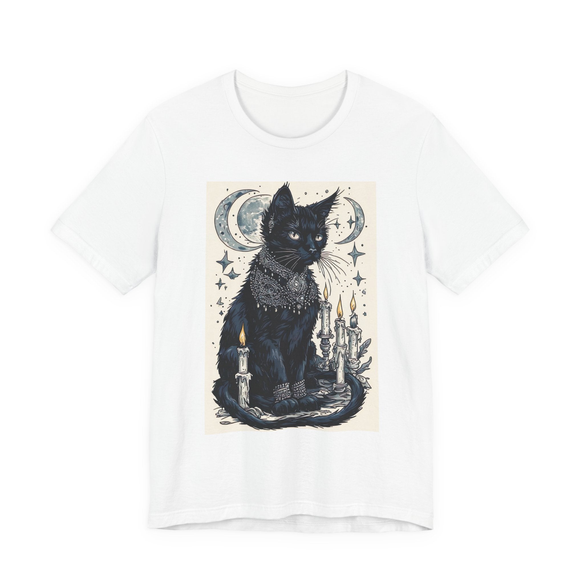 Mystic Black Cat T-Shirt — Moon, Candles & Starry Witchy Design