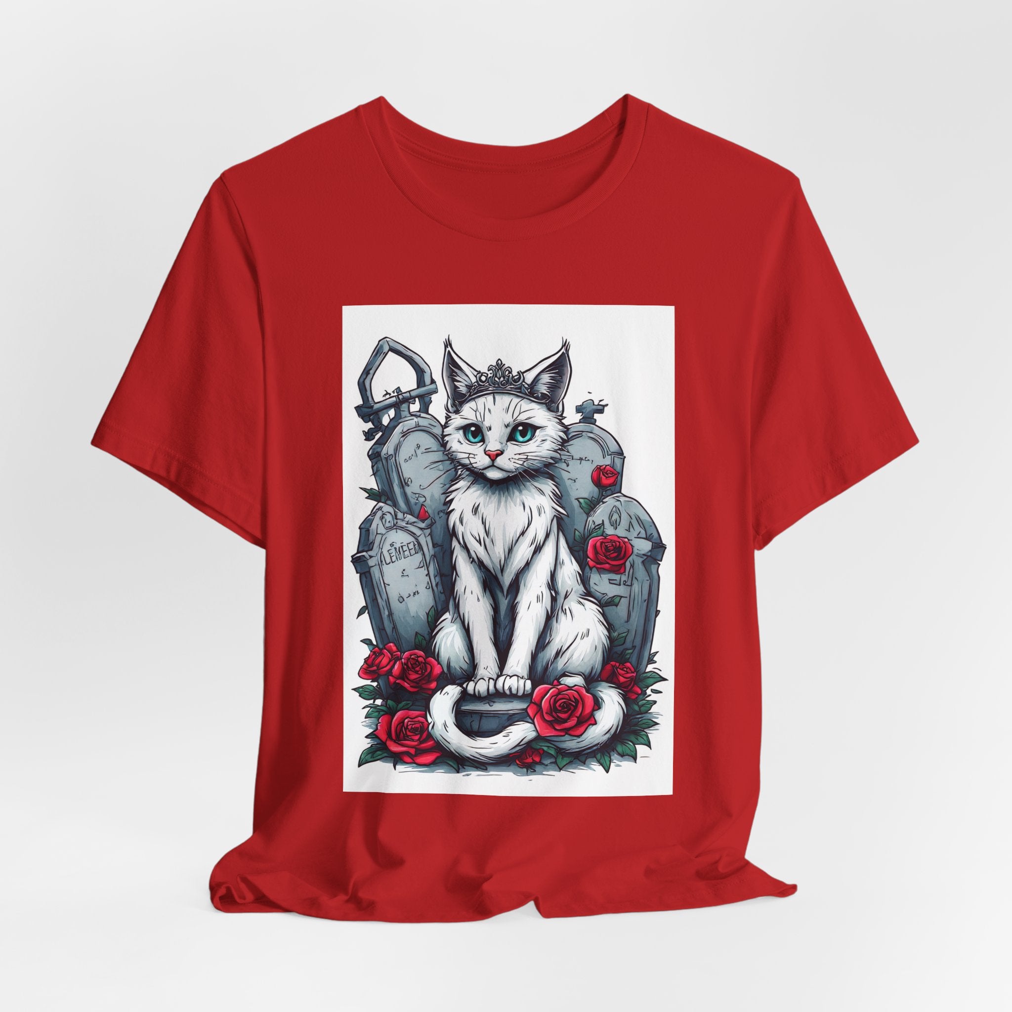 Gothic Cat Graveyard Tee – White Cat with Tombstones & Roses Graphic T-Shirt