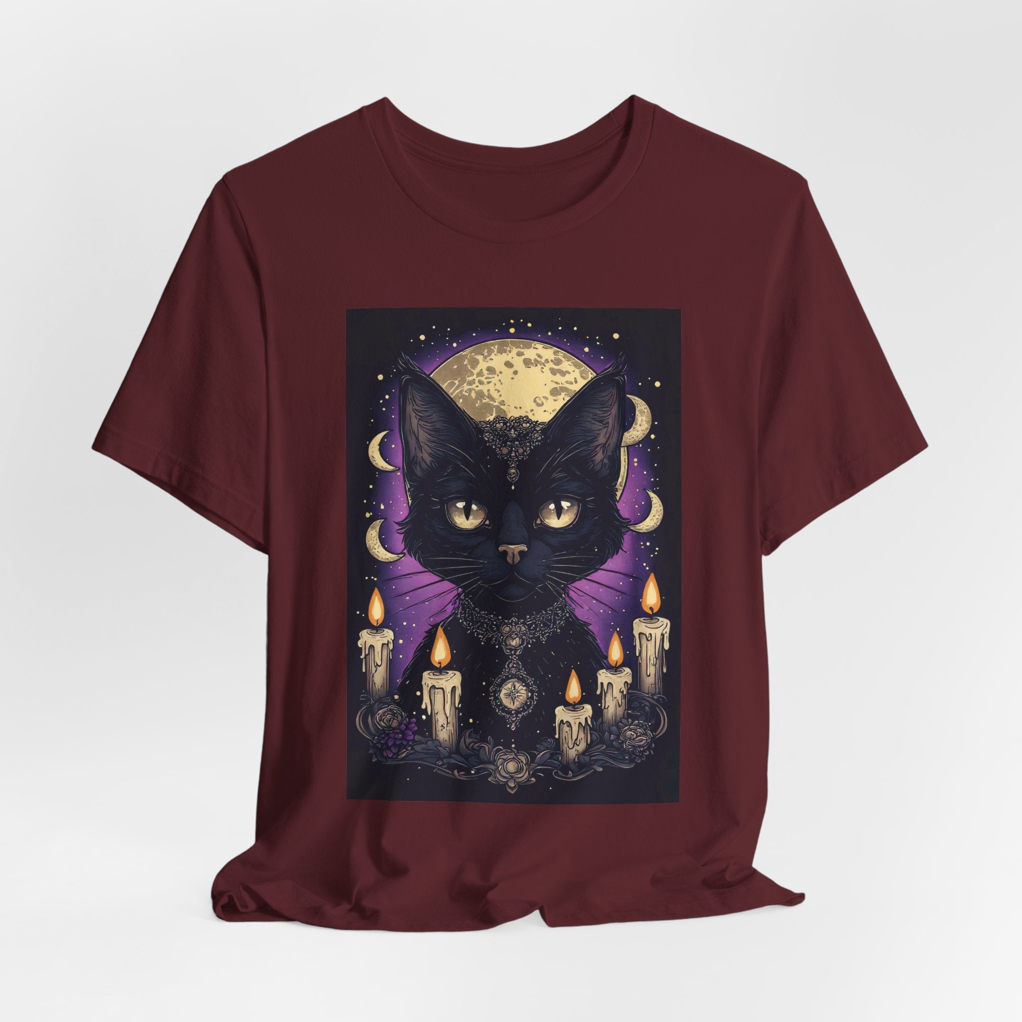 Mystic Black Cat Tee — Moon, Candles & Crescent Phases Graphic T-Shirt