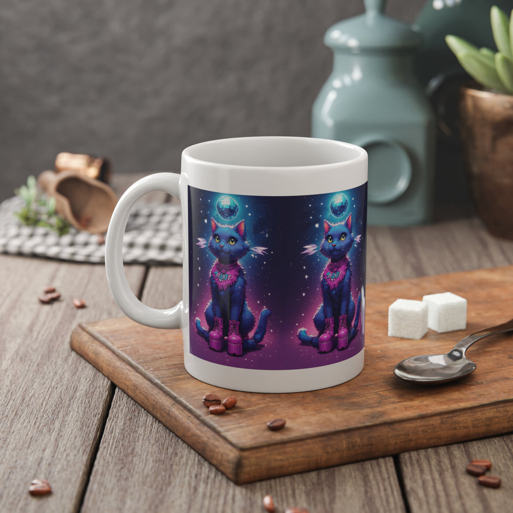 Cosmic Cat Ceramic Mug — 11oz Purple Space Kitty Coffee Cup