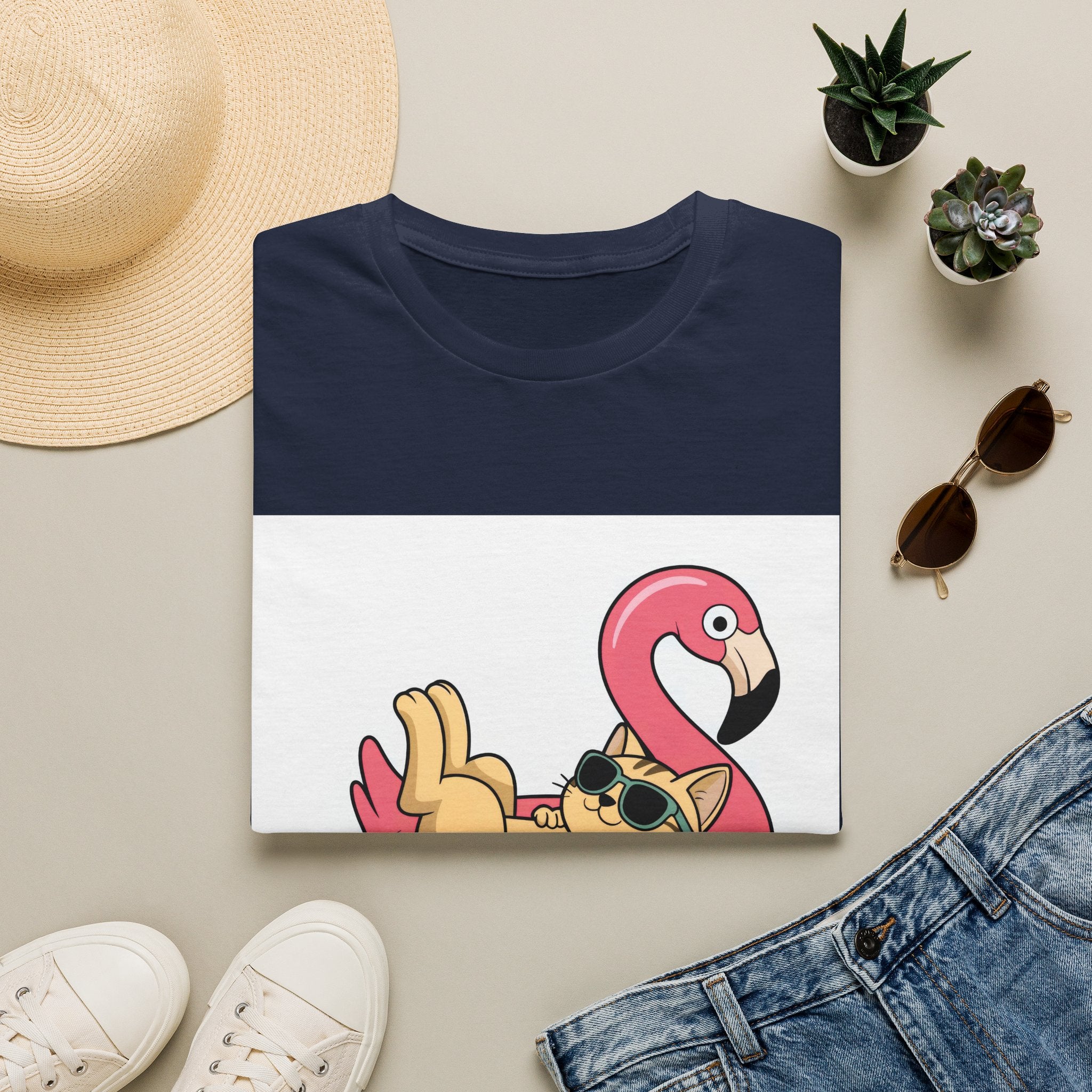 Cat on Flamingo Float T-Shirt — Cute Summer Pool Cat Graphic Tee