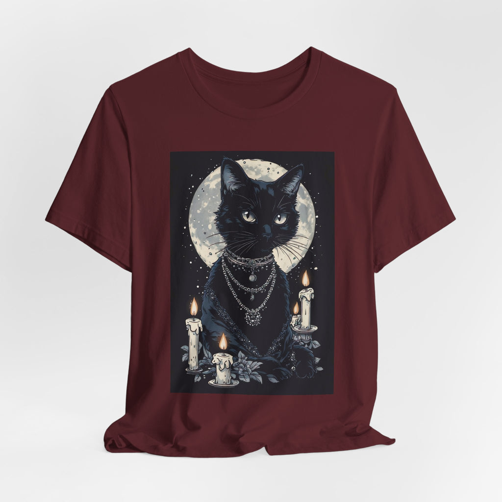 Mystic Moon Black Cat Tee — Gothic Cat T-Shirt with Candles & Crescent Moon