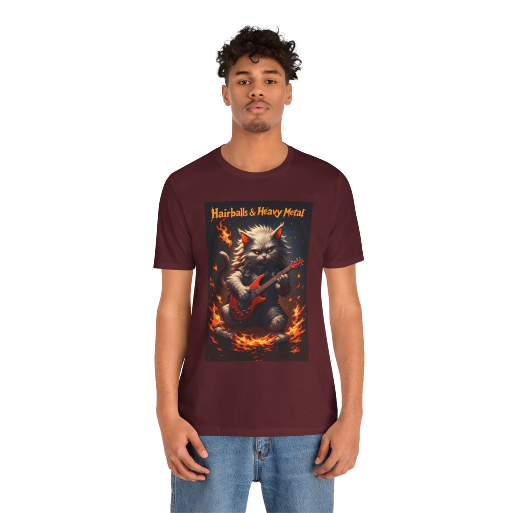 Hairballs & Heavy Metal T‑Shirt — Cat Guitarist Rock Tee