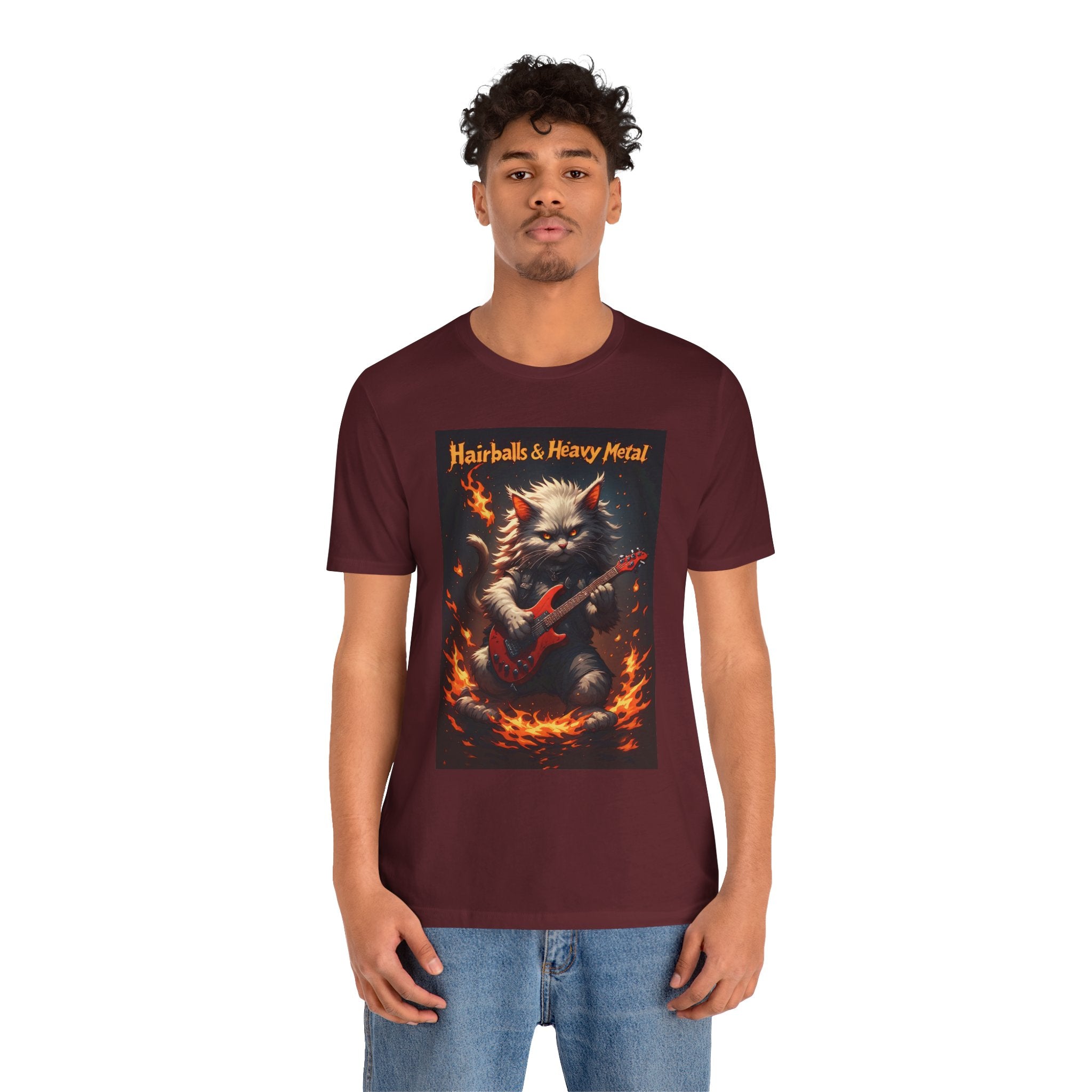 Hairballs & Heavy Metal T‑Shirt — Cat Guitarist Rock Tee