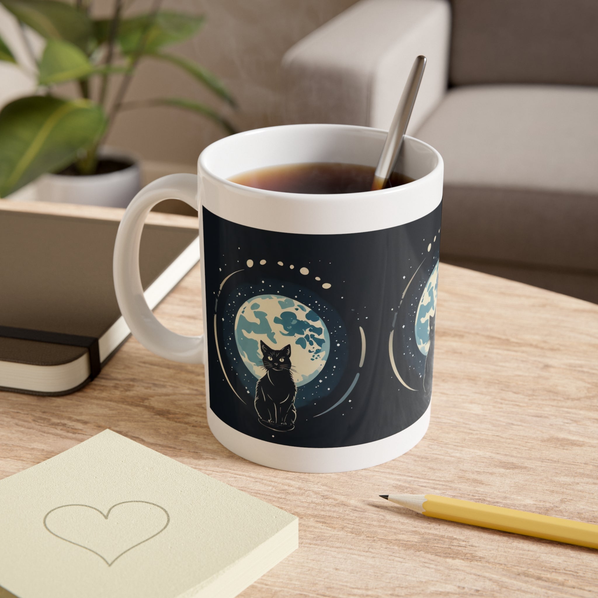Cat Moon Mug — Black Cat Sitting in Front of Full Moon Ceramic Coffee Cup