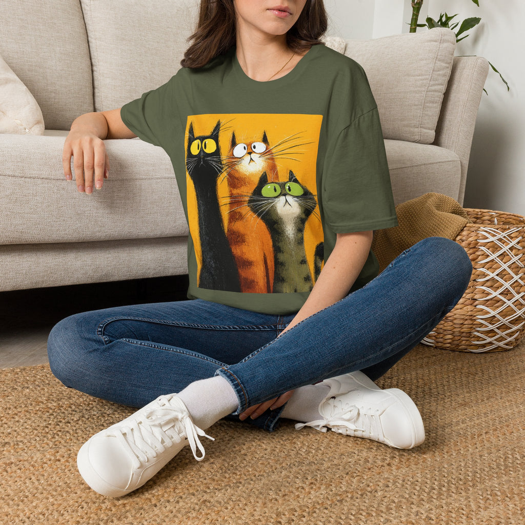 Cat Trio Graphic T-Shirt — Cute Whimsical Cats Art Tee