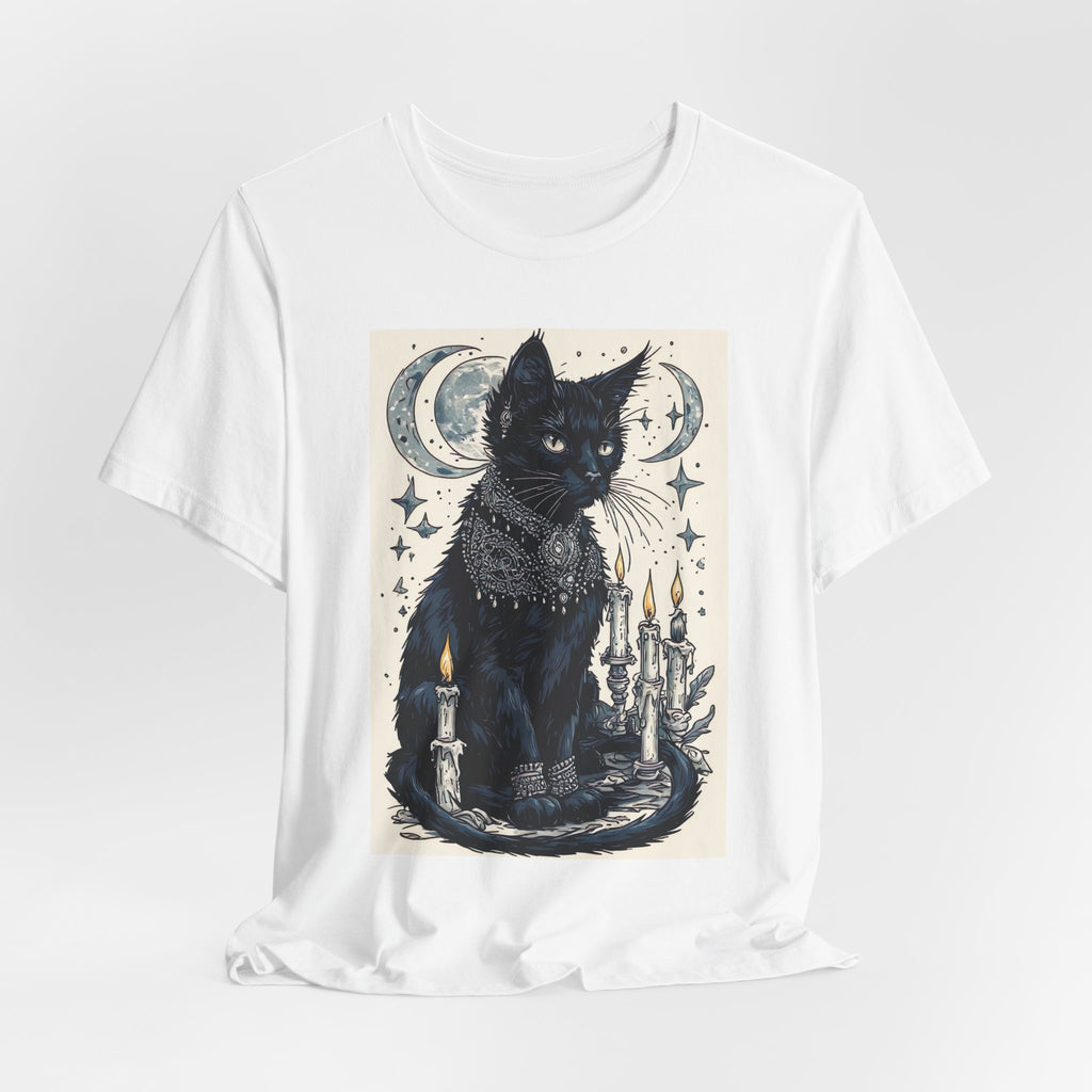 Mystic Black Cat T-Shirt — Moon, Candles & Starry Witchy Design