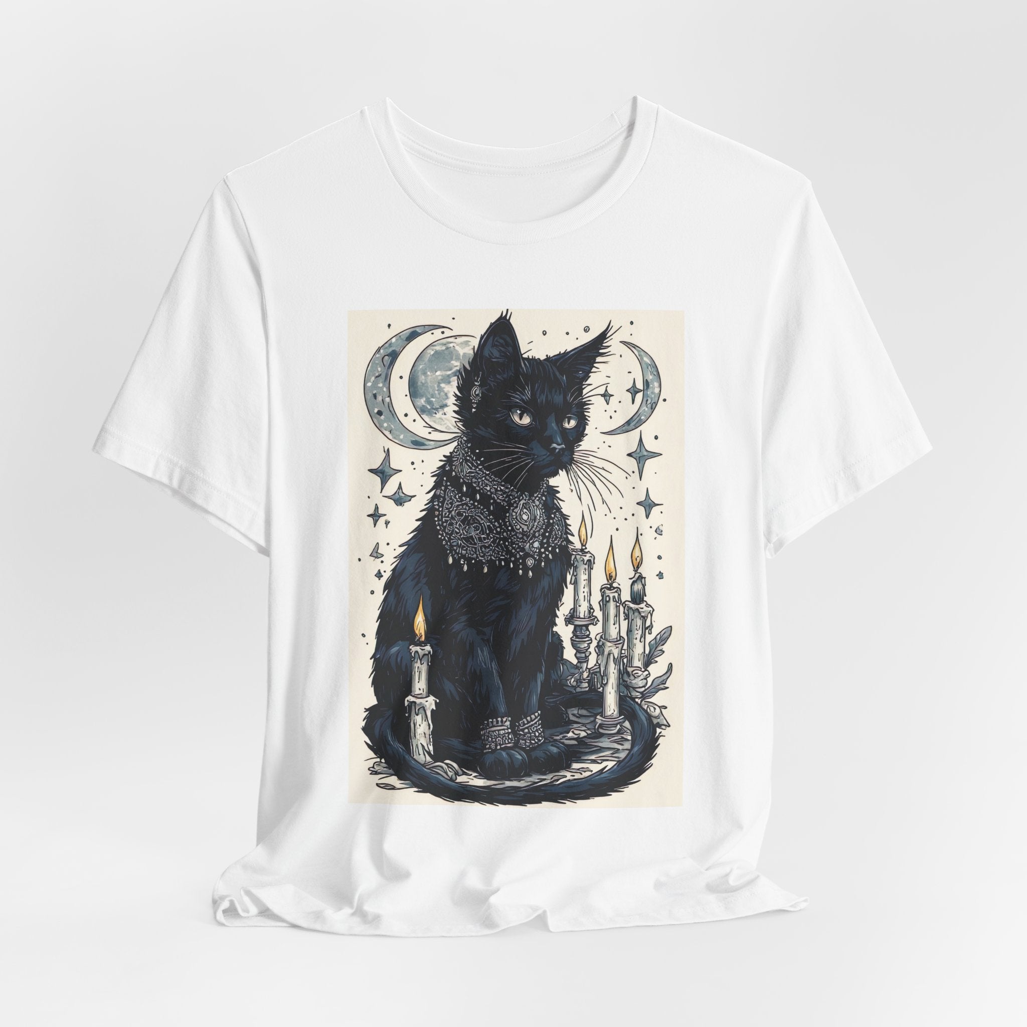 Mystic Black Cat T-Shirt — Moon, Candles & Starry Witchy Design