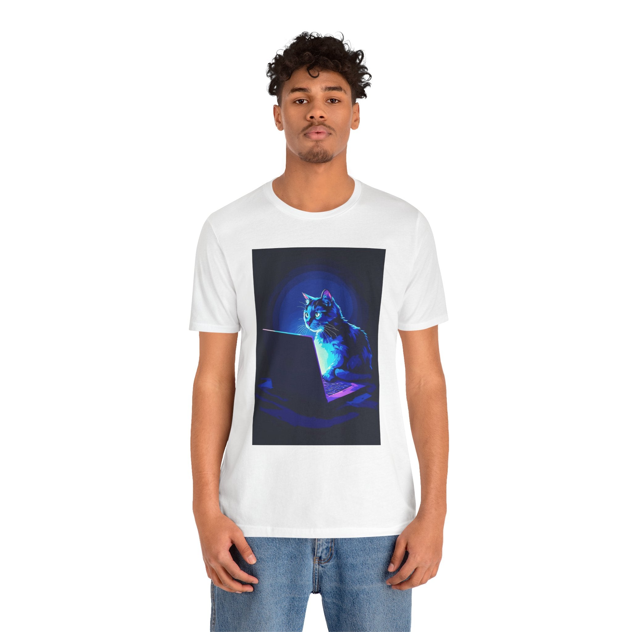 Cat at Laptop T-Shirt — Neon Cyber Cat Graphic Tee