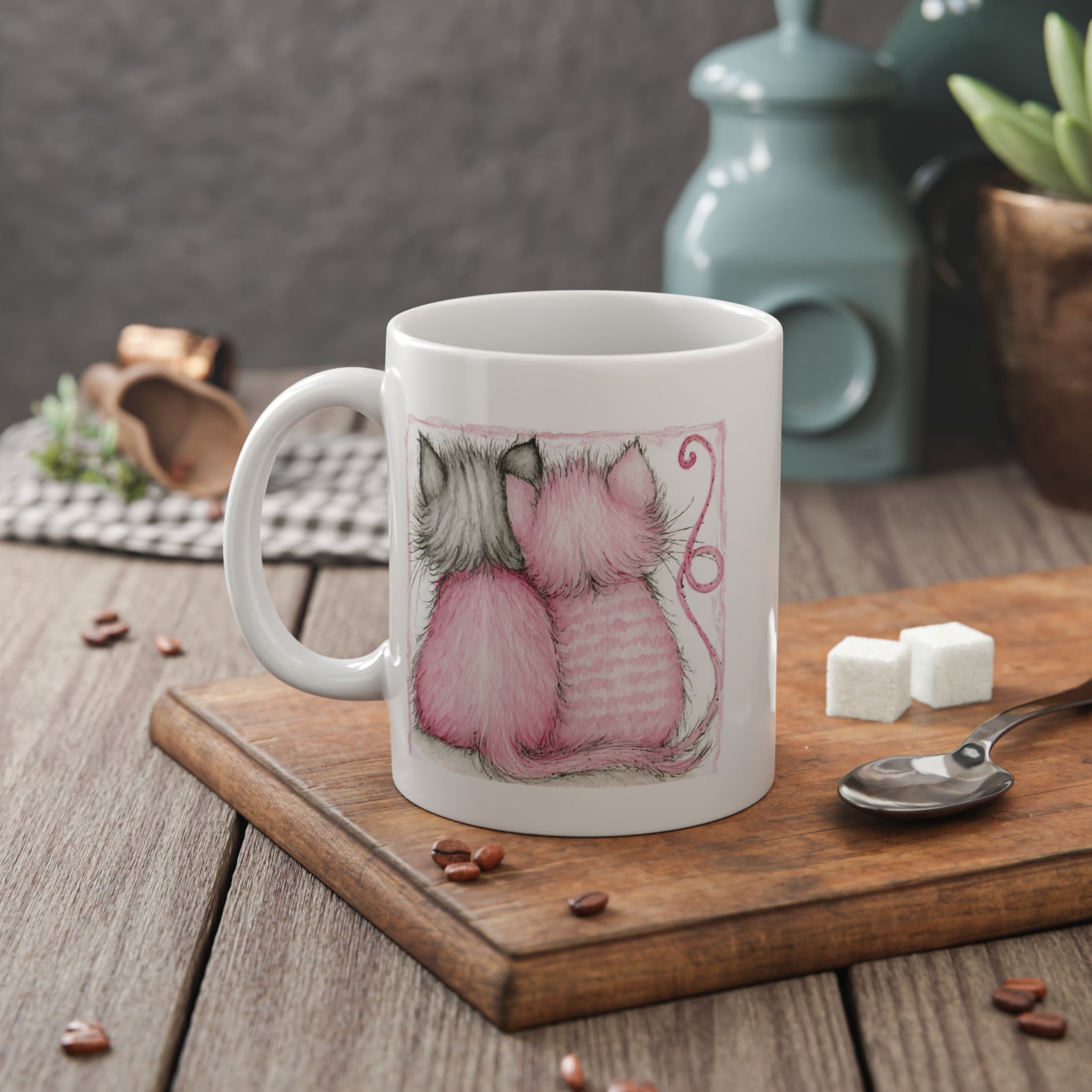 Cat Lovers Mug — Pair of Pink & Gray Kittens Illustration 11oz Ceramic