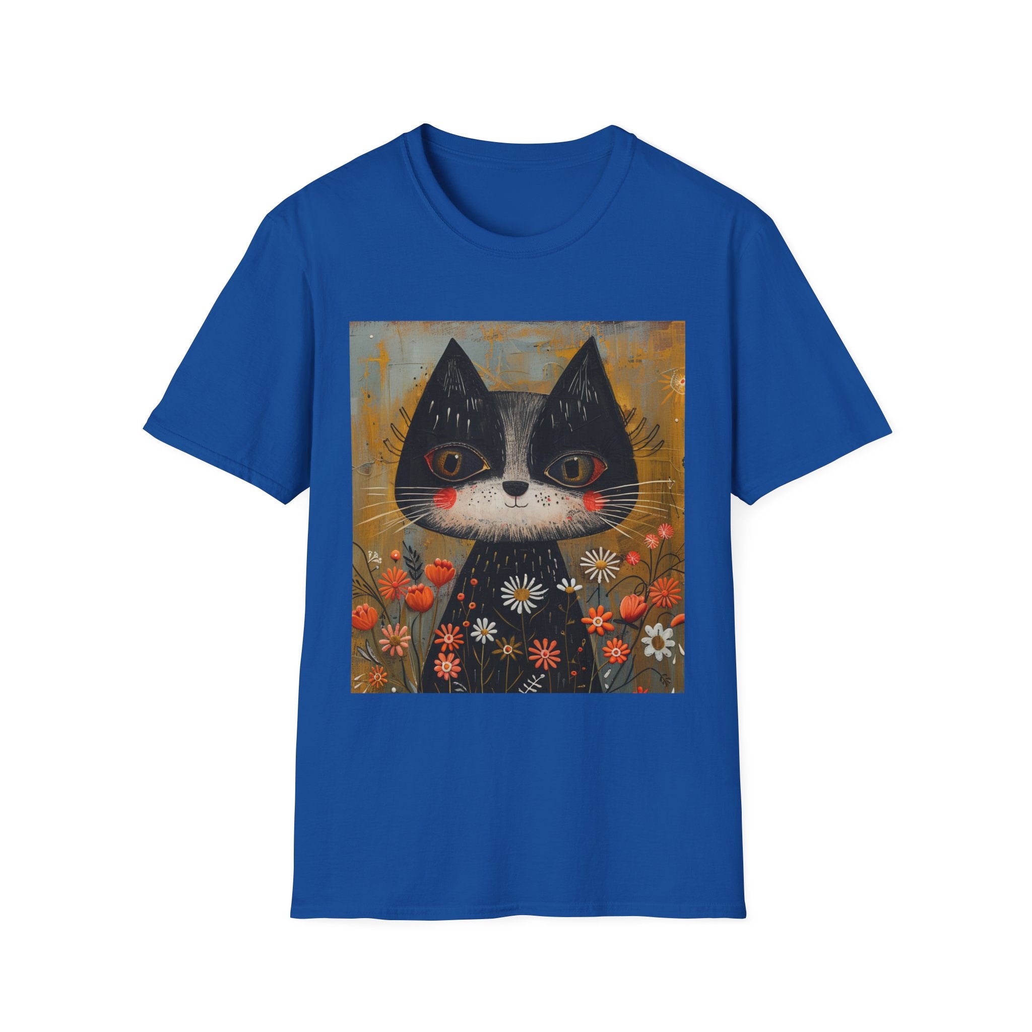 Whimsical Black & White Cat Tee — Cute Floral Portrait T-Shirt