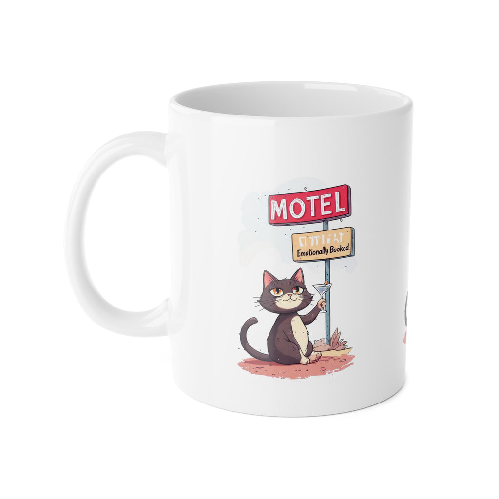 Motel Cat Ceramic Mug — 'Emotionally Booked' Cute Cat Coffee Cup, 11oz