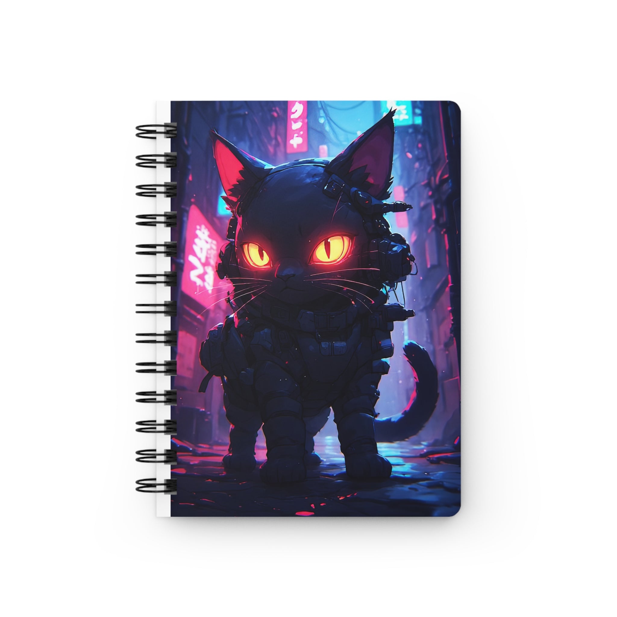 Cyberpunk Black Cat Spiral Notebook — Neon City Journal with Glowing Eyes