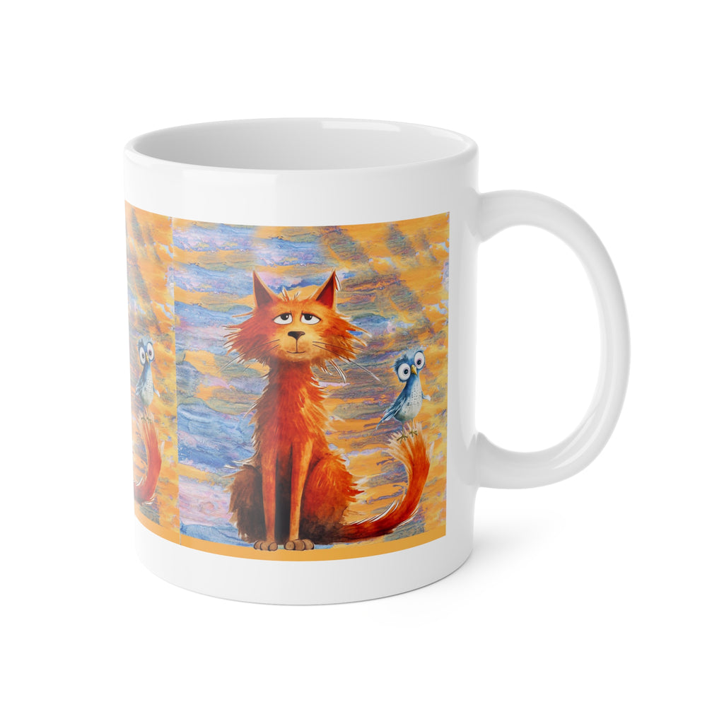 Whimsical Cat & Owl Ceramic Mug — Colorful 11oz Tea Coffee Cup