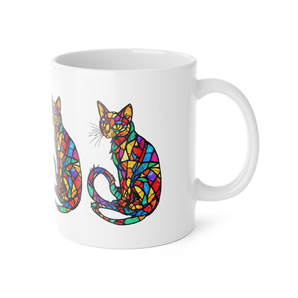 Colorful Stained-Glass Cat Mug — 11oz Ceramic Coffee Cup