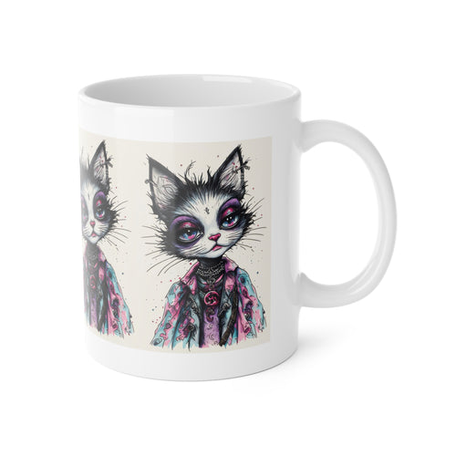 Cat Art Mug — Gothic Cute Kitty Illustration Ceramic Coffee Cup