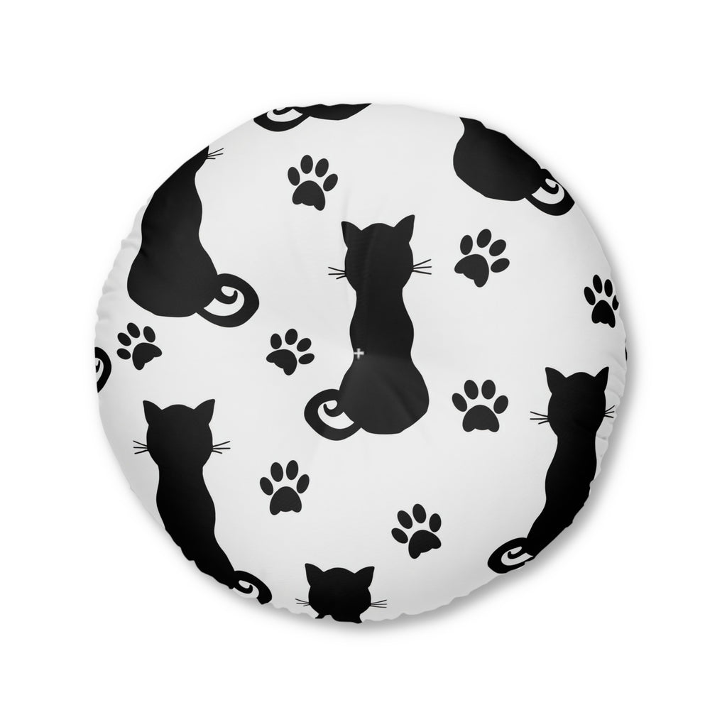 Round Tufted Floor Pillow — Black Cat Silhouette & Paw Print Pattern