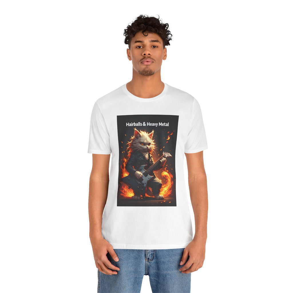 Hairballs & Heavy Metal T-Shirt - Flaming Cat Guitar Rock Tee