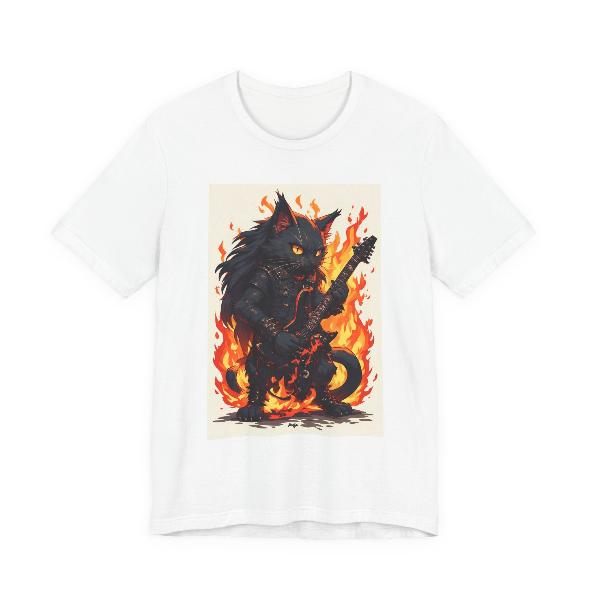 Flaming Rock Cat T-Shirt — Black Cat Guitarist Design