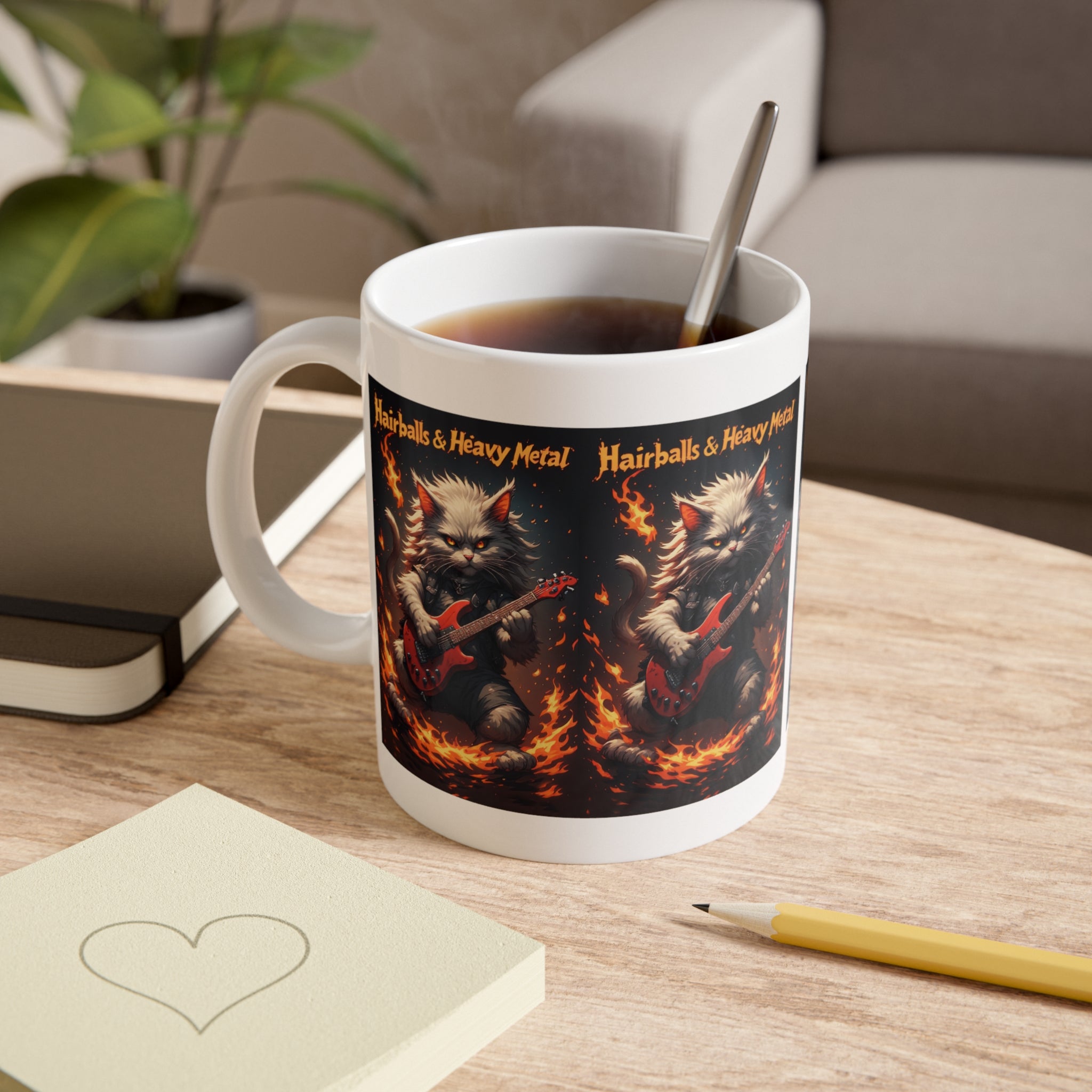 Ceramic Mug — 'Hairballs & Heavy Metal' Flaming Guitar Cat Coffee Mug