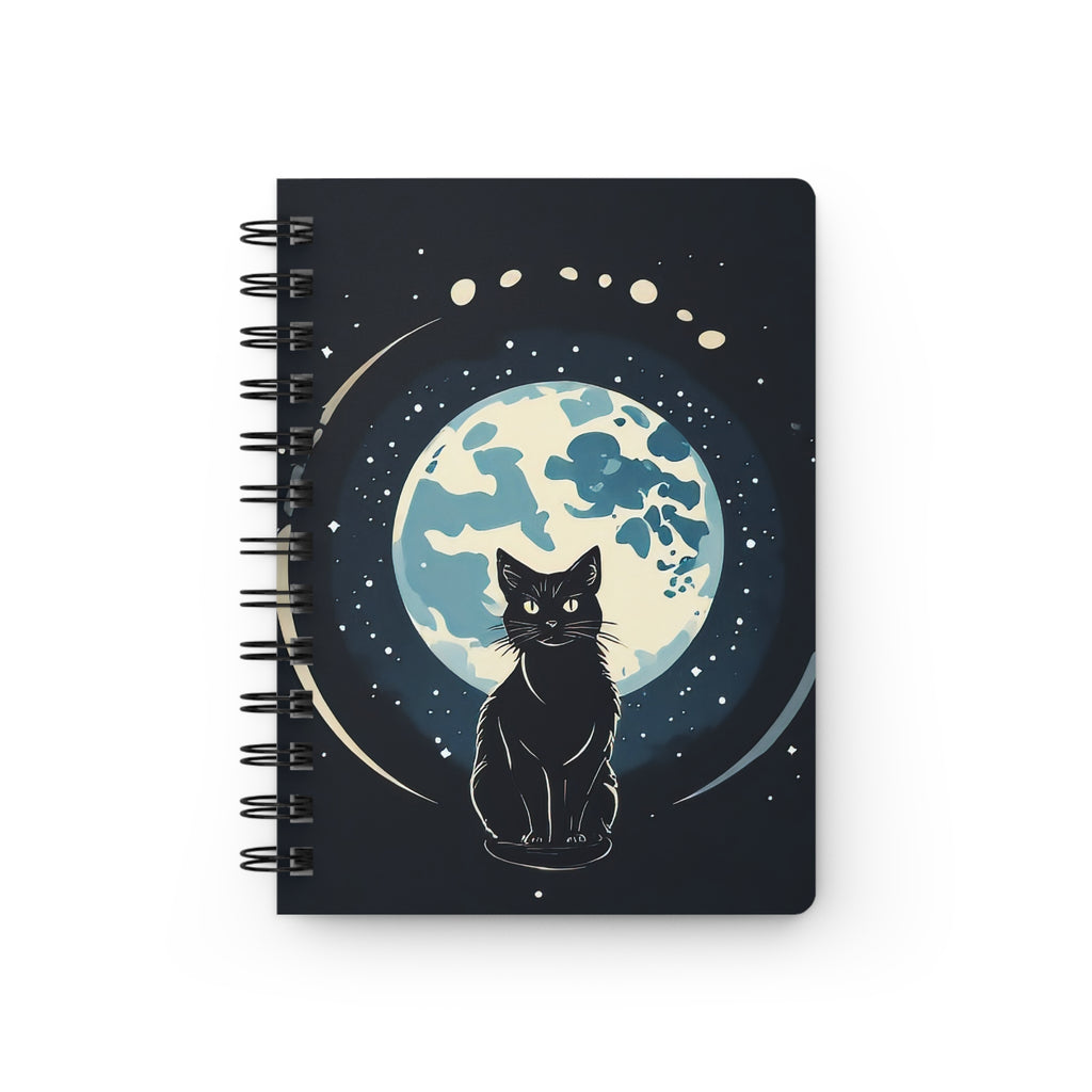Moonlit Cat Spiral Journal — Black Cat Notebook with Full Moon Design