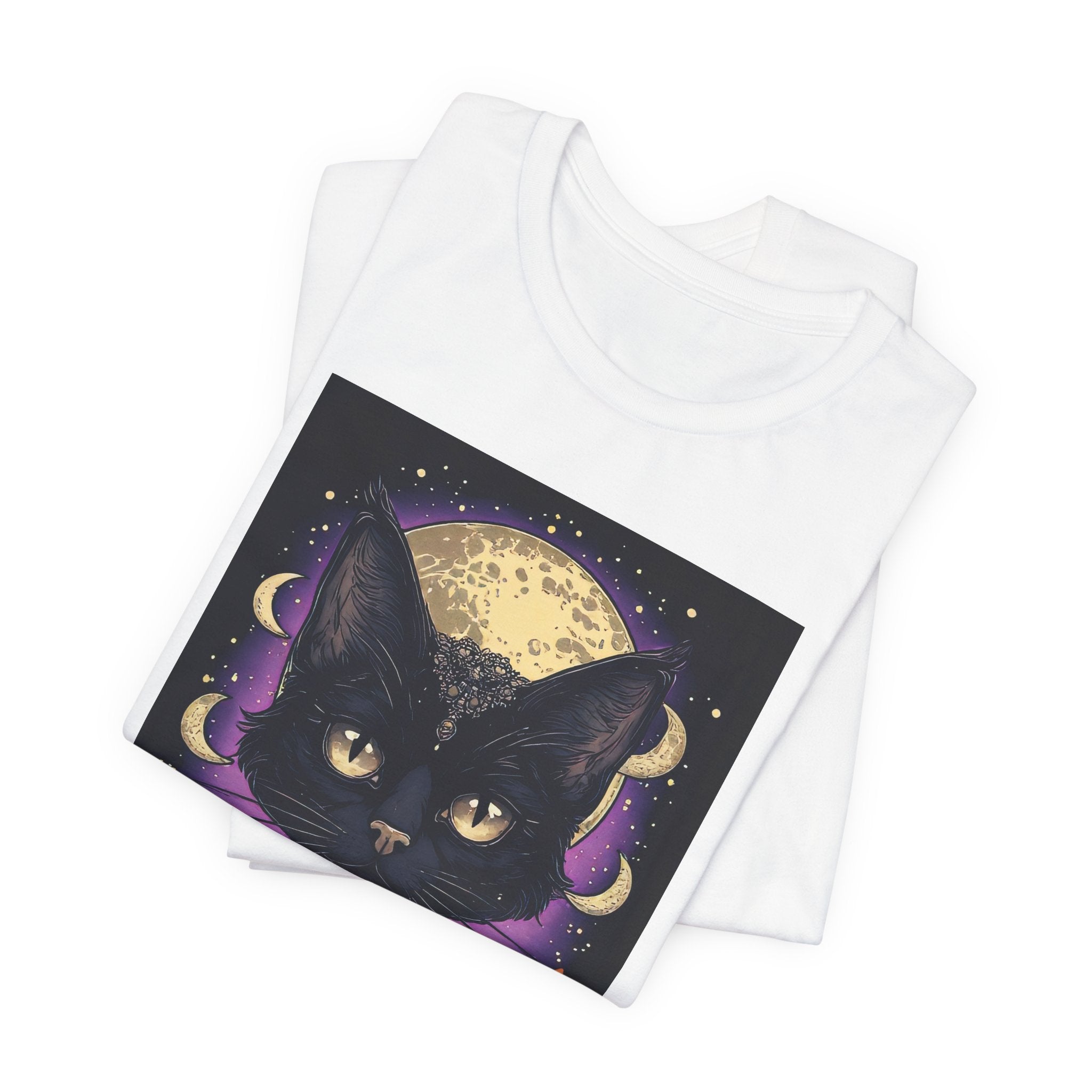 Mystic Black Cat Tee — Moon, Candles & Crescent Phases Graphic T-Shirt