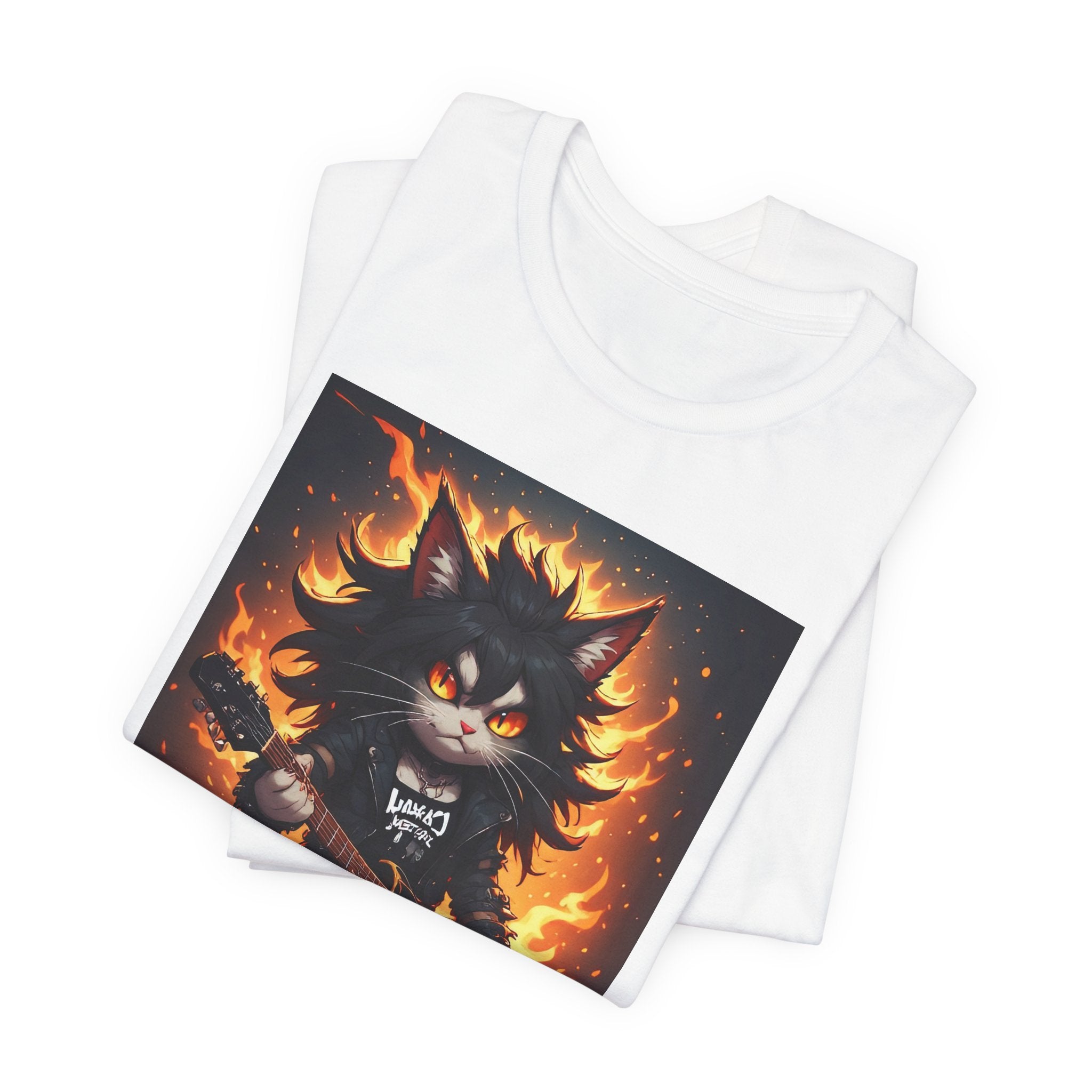 Flaming Rock Cat Graphic Tee — "Heavy Metal" Guitar Kitty Shirt