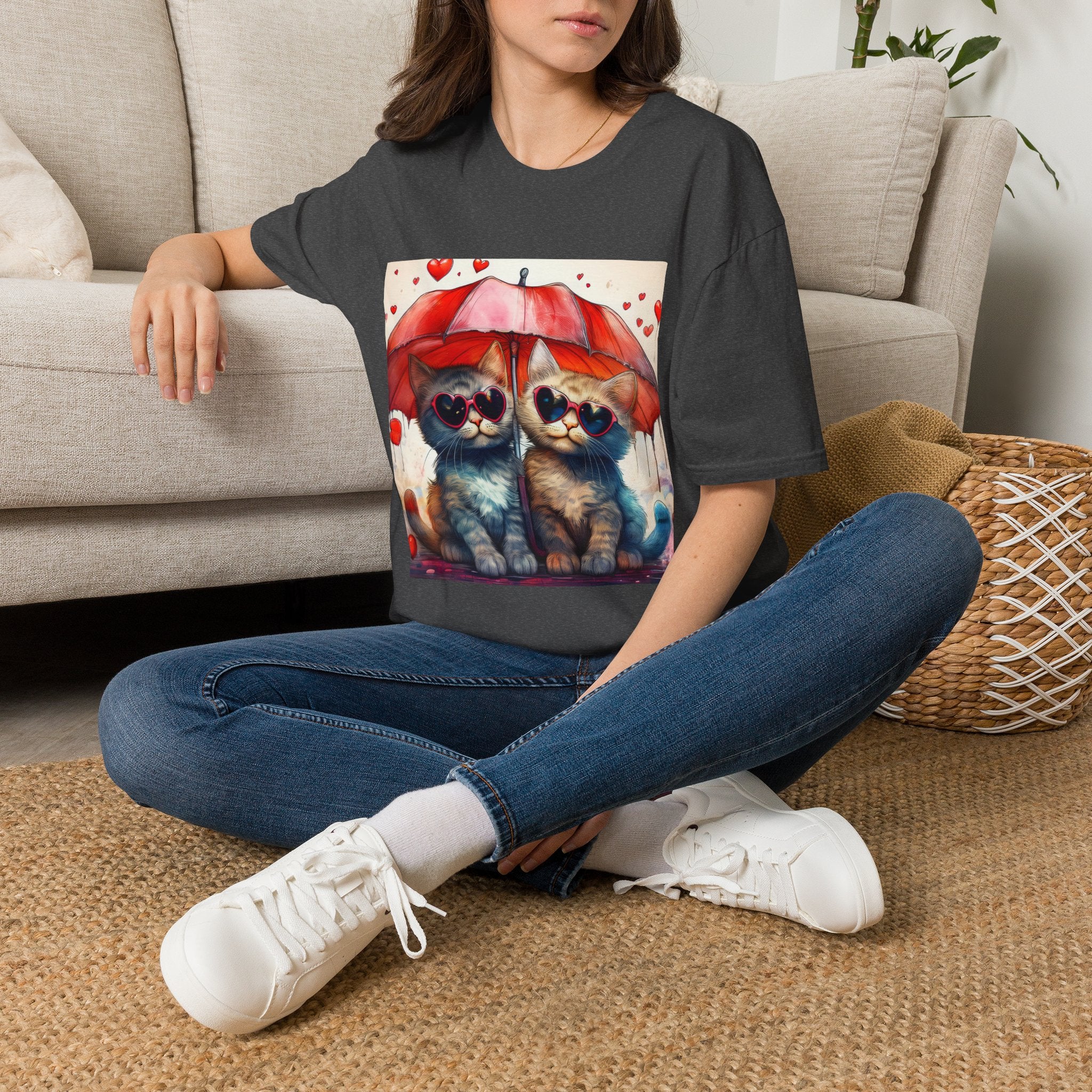 Cat Love T-Shirt — Kittens with Heart Sunglasses Under Red Umbrella