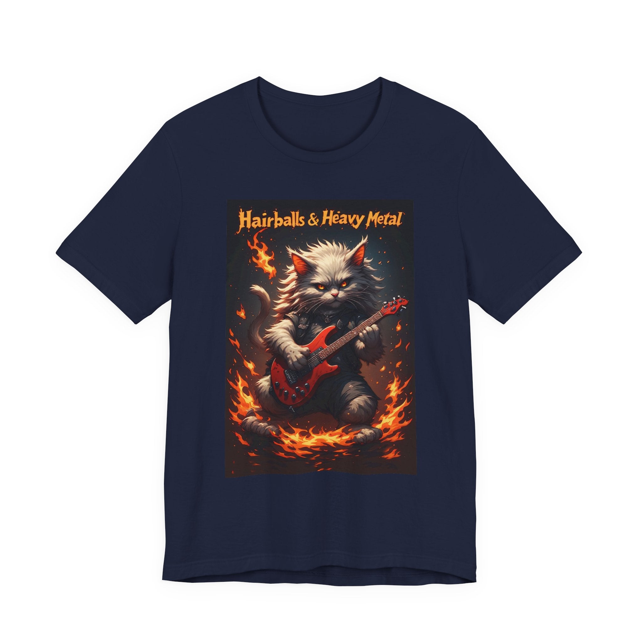 Hairballs & Heavy Metal T‑Shirt — Cat Guitarist Rock Tee