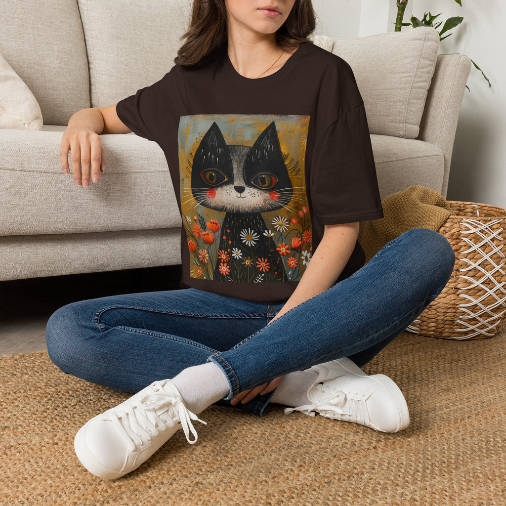Whimsical Black & White Cat Tee — Cute Floral Portrait T-Shirt