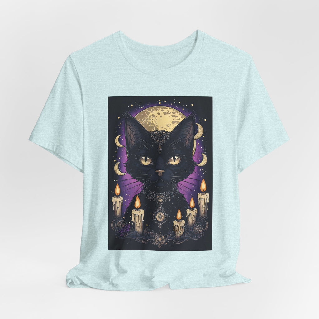 Mystic Black Cat Tee — Moon, Candles & Crescent Phases Graphic T-Shirt