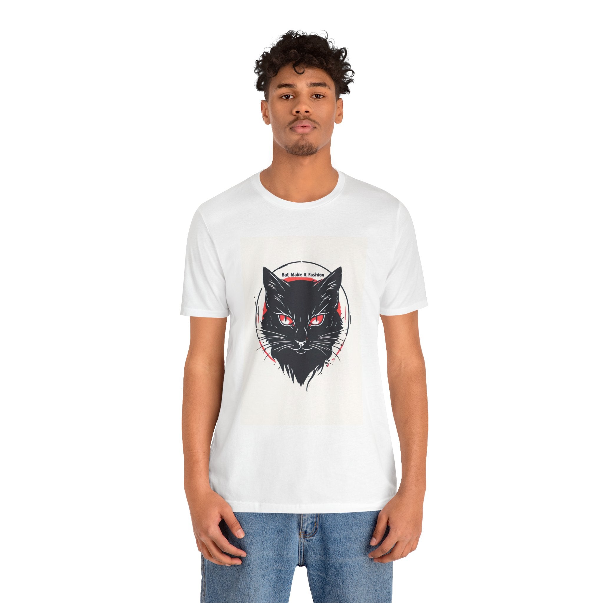 Black Cat Graphic Tee – Red-Eyed Cat Head Illustration T-Shirt