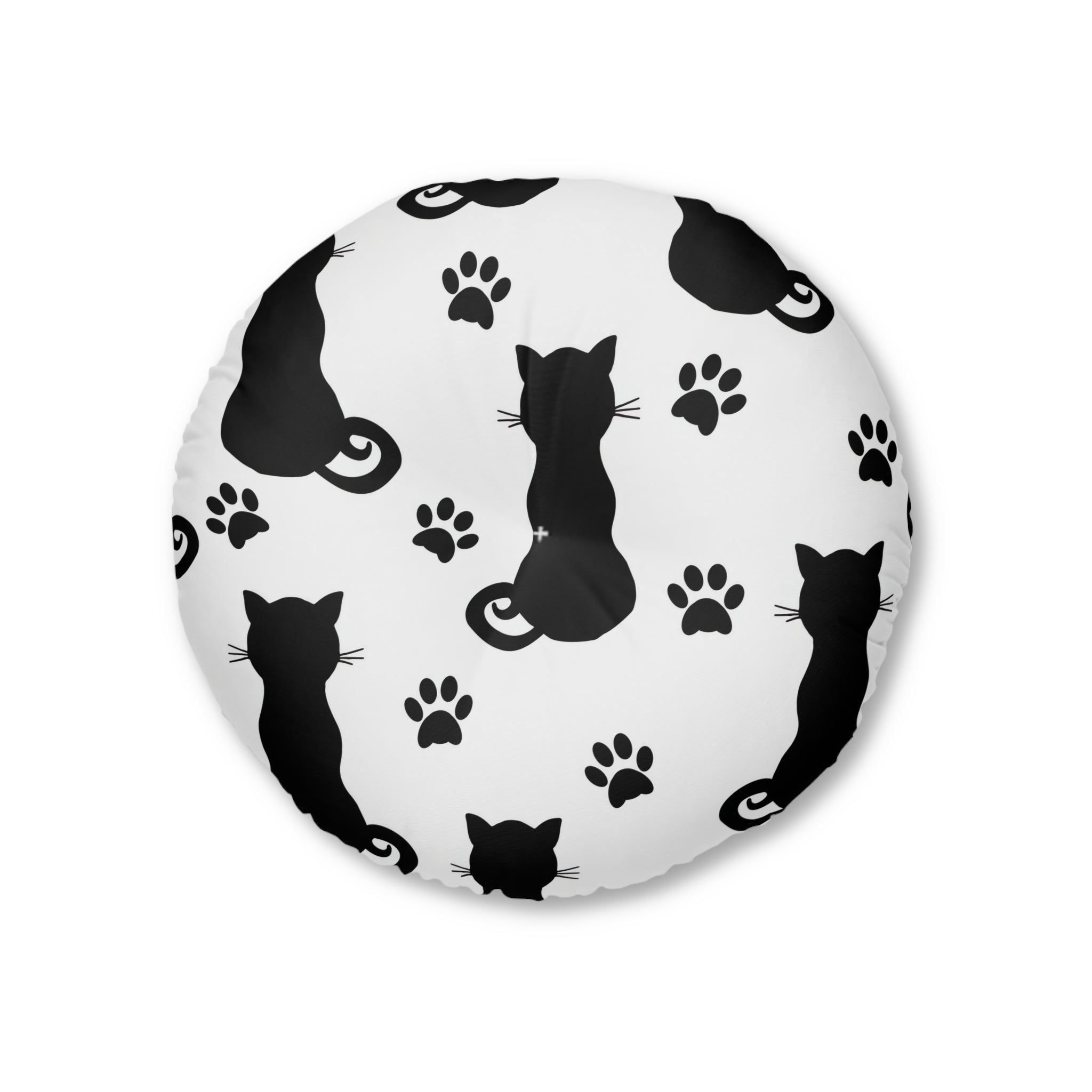 Round Tufted Floor Pillow — Black Cat Silhouette & Paw Print Pattern