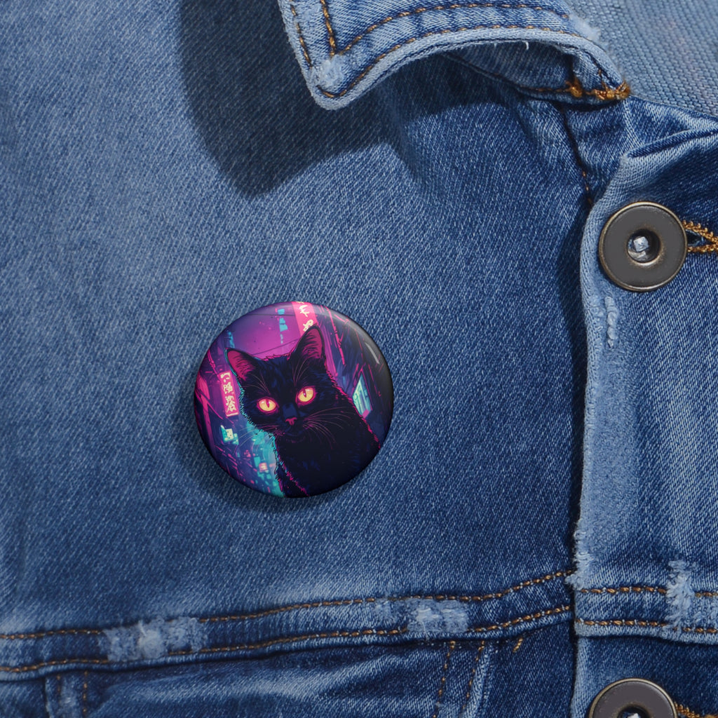 Neon Noir Cat Pin Button — Cyberpunk Black Cat Enamel-Style Badge