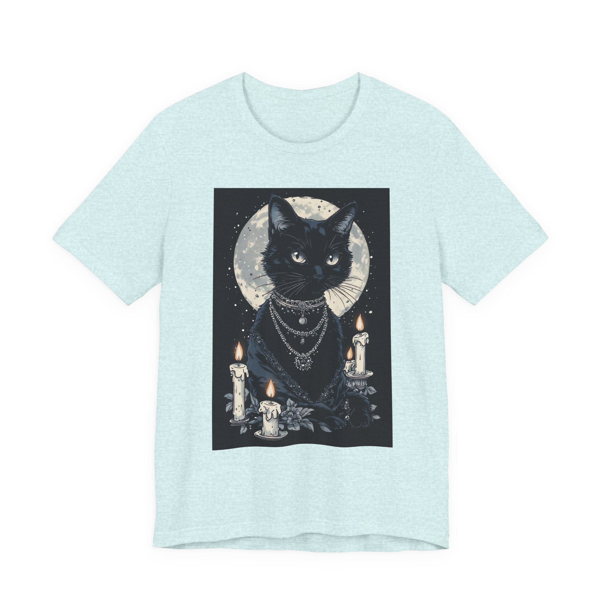 Mystic Moon Black Cat Tee — Gothic Cat T-Shirt with Candles & Crescent Moon